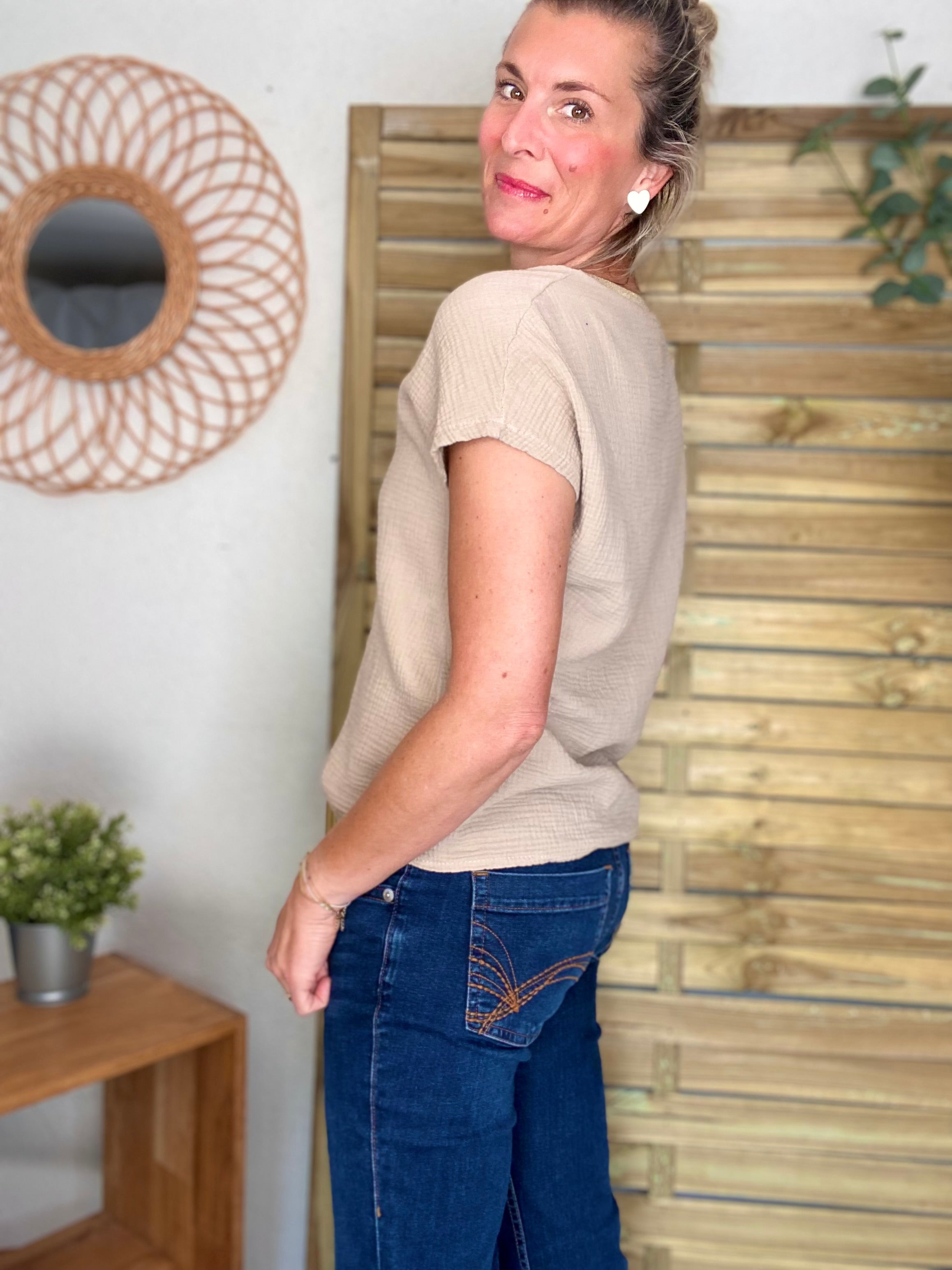 Précommande Expédition mi mai - Top en gaze de coton et lurex MARTA - Beige