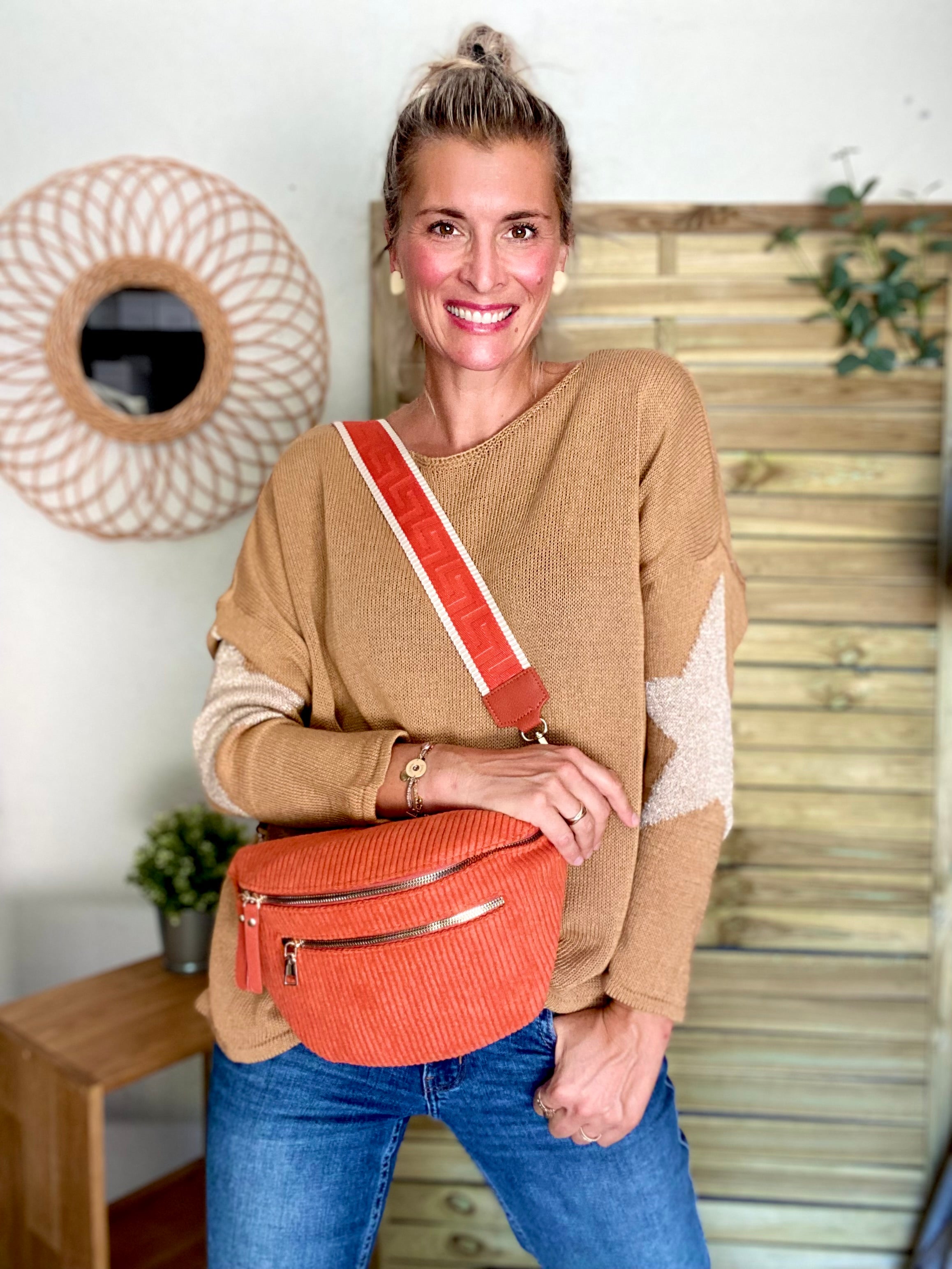 Sac banane XL en velours côtelé 2 zips et sangle fantaisie - WENDY - Brique