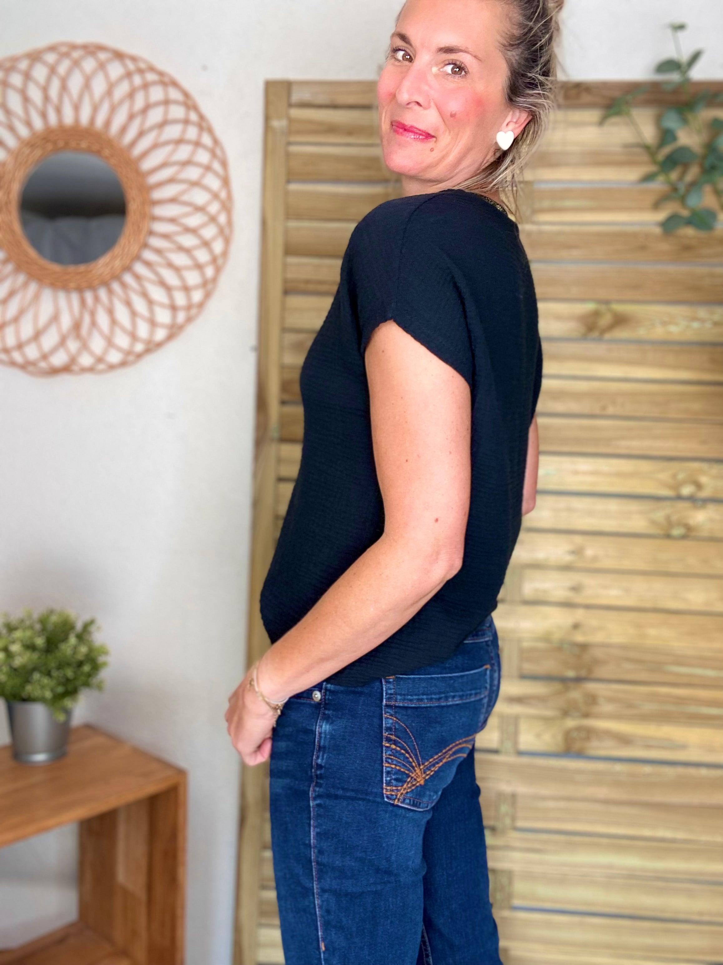 Précommande Expédition mi mai - Top en gaze de coton et lurex MARTA - Noir