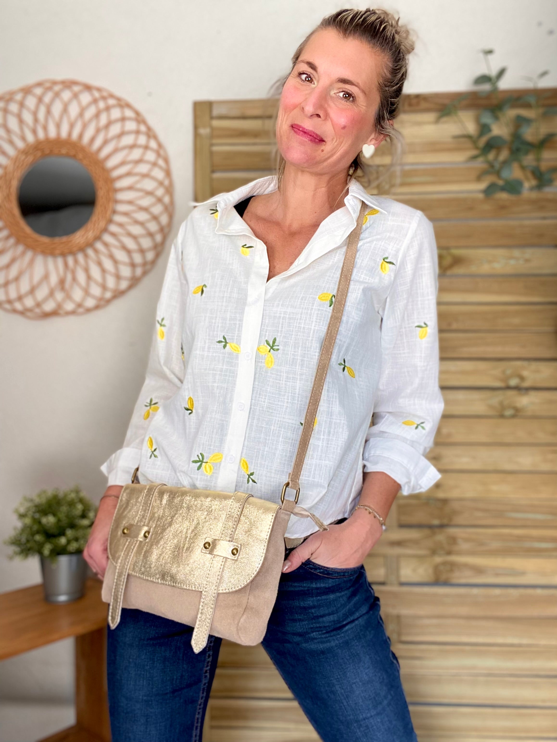 Sac bandoulière en cuir daim et irisé ESMÉE - Beige Doré
