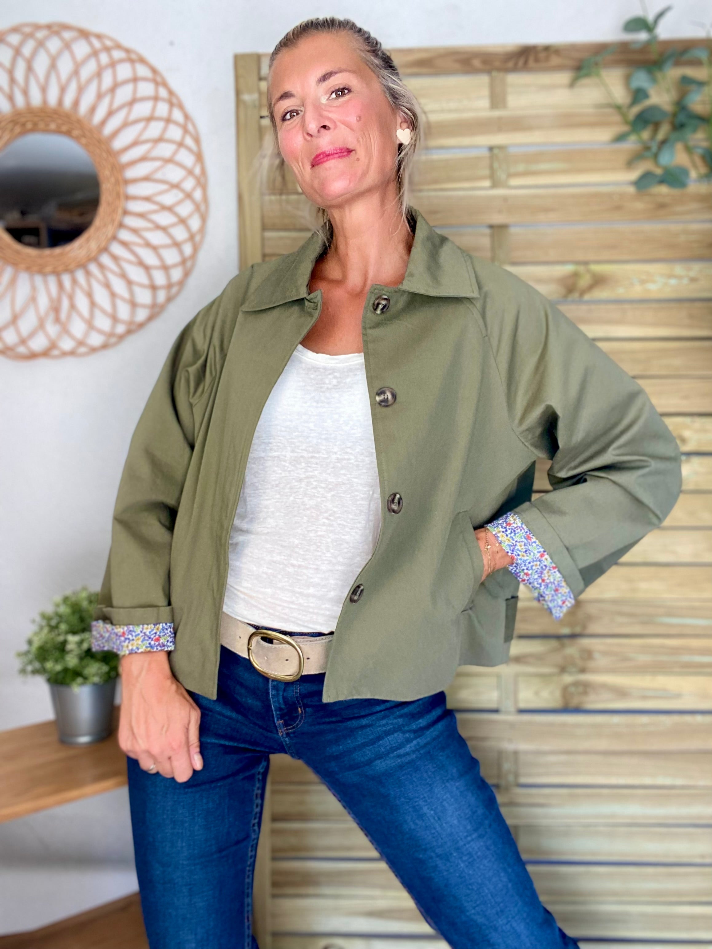 Veste Trench en coton kaki avec Liberty - MAHAUT