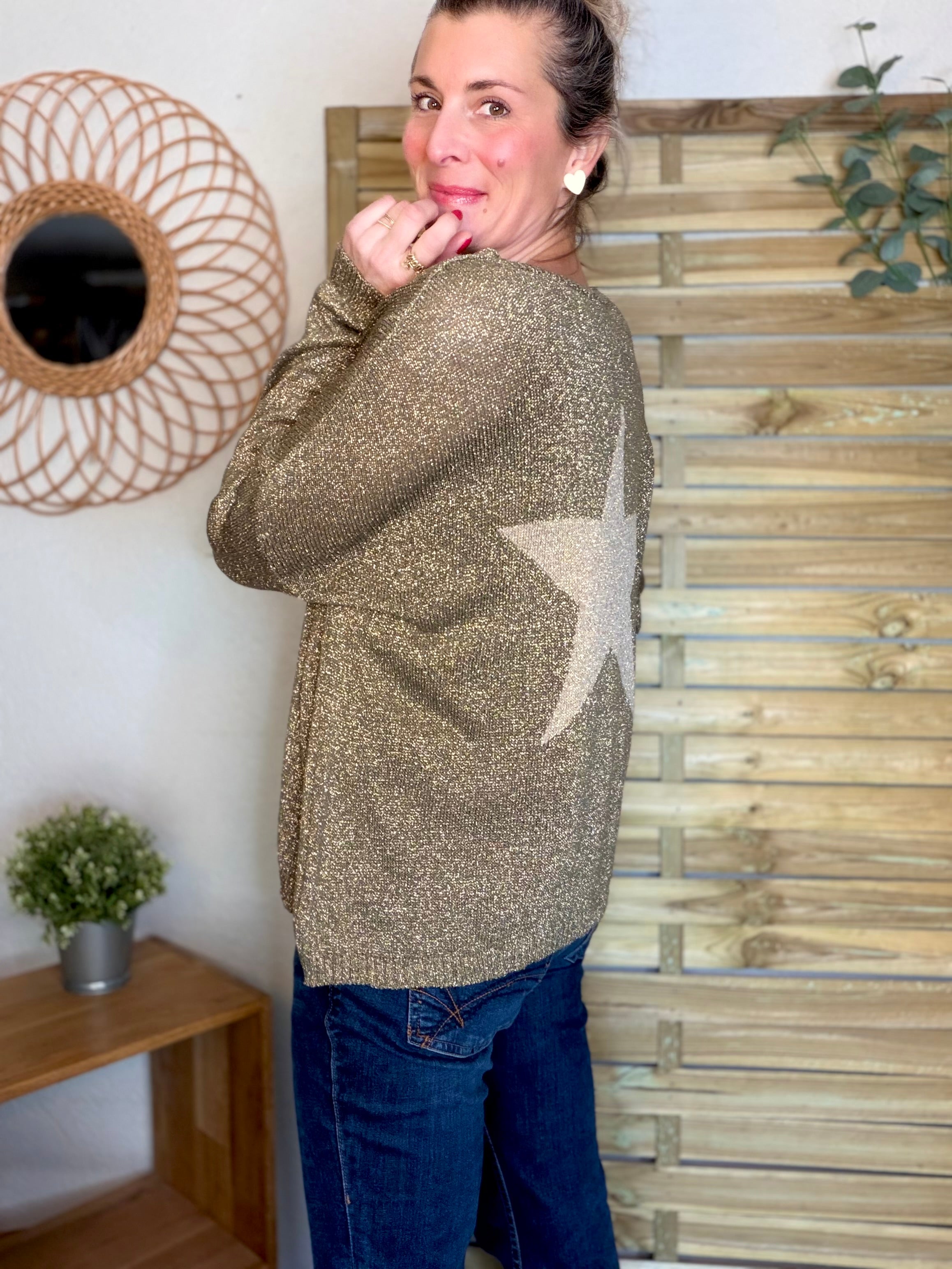 Pull maille lurex et étoile ⭐️ POLLY - Kaki / Doré