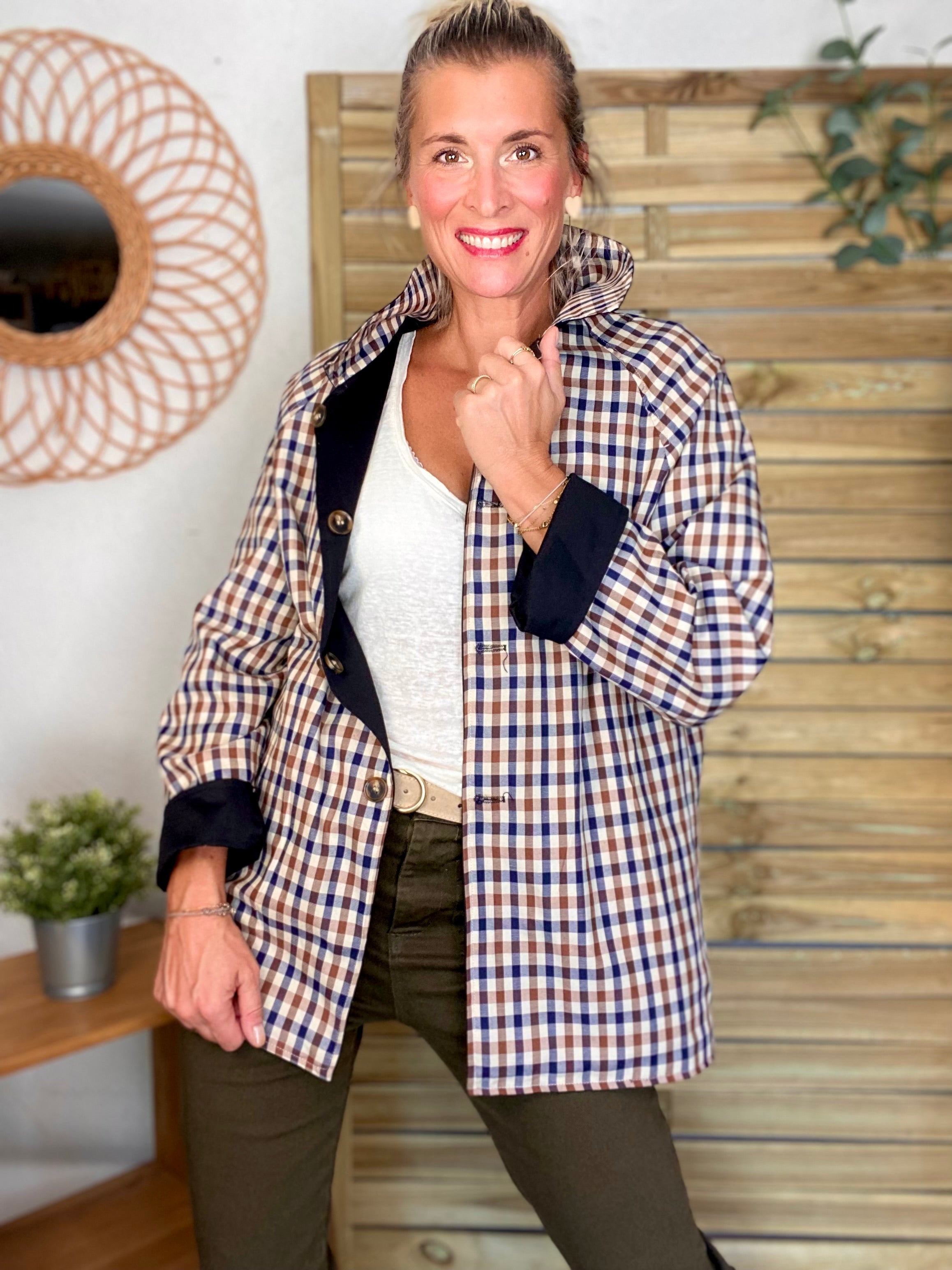 Veste Trench mi long réversible vichy LENA - Noir
