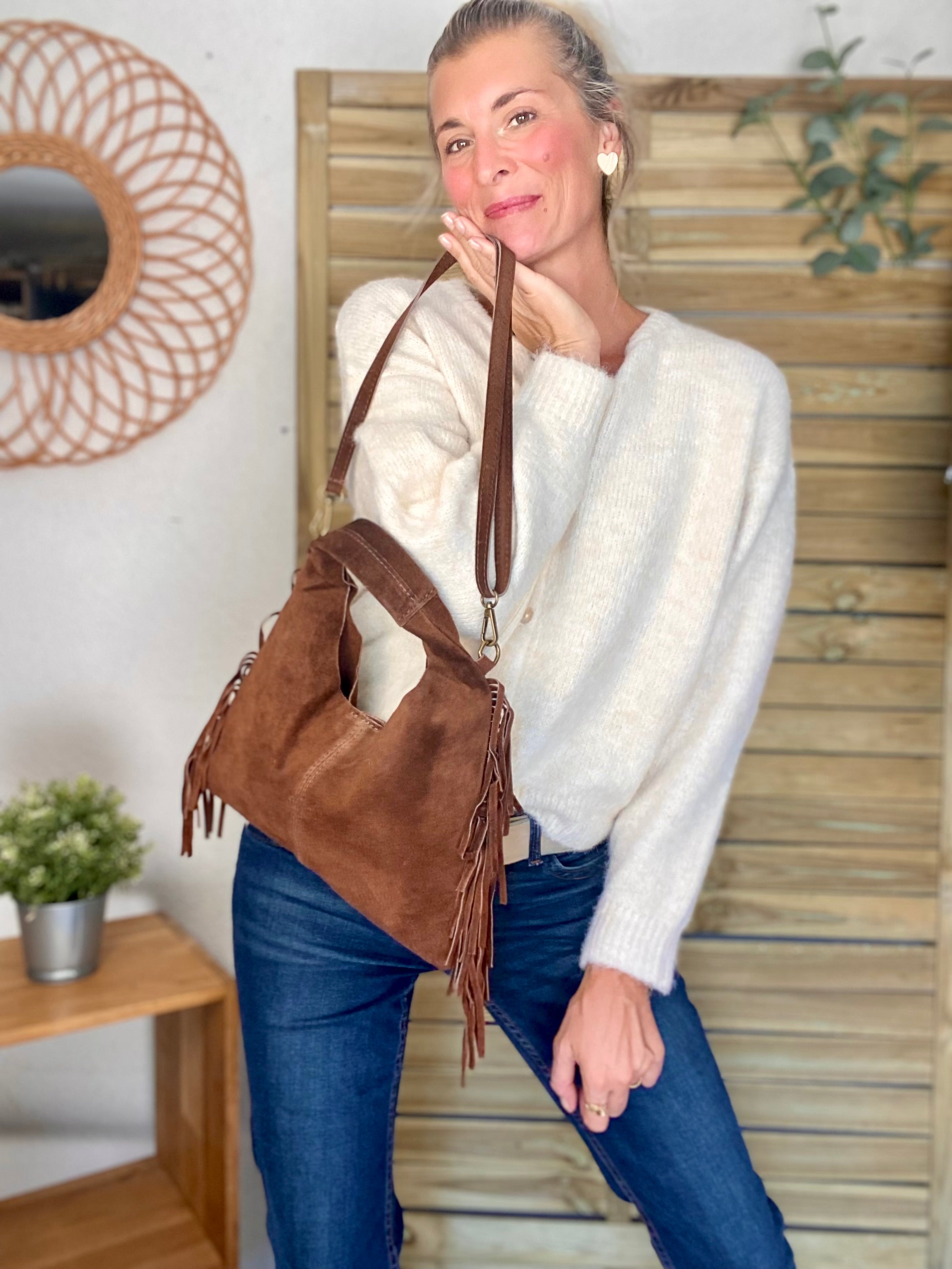 Sac en cuir daim avec franges AARON - Chocolat