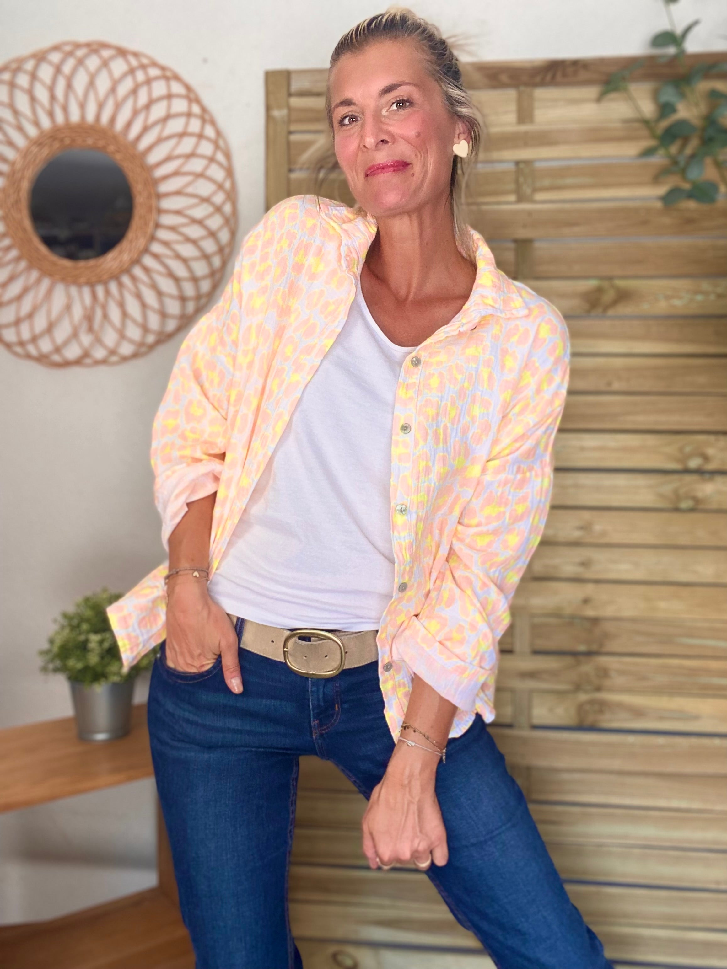 Chemise en gaze de coton imprimé Léo MARCIA - Orange
