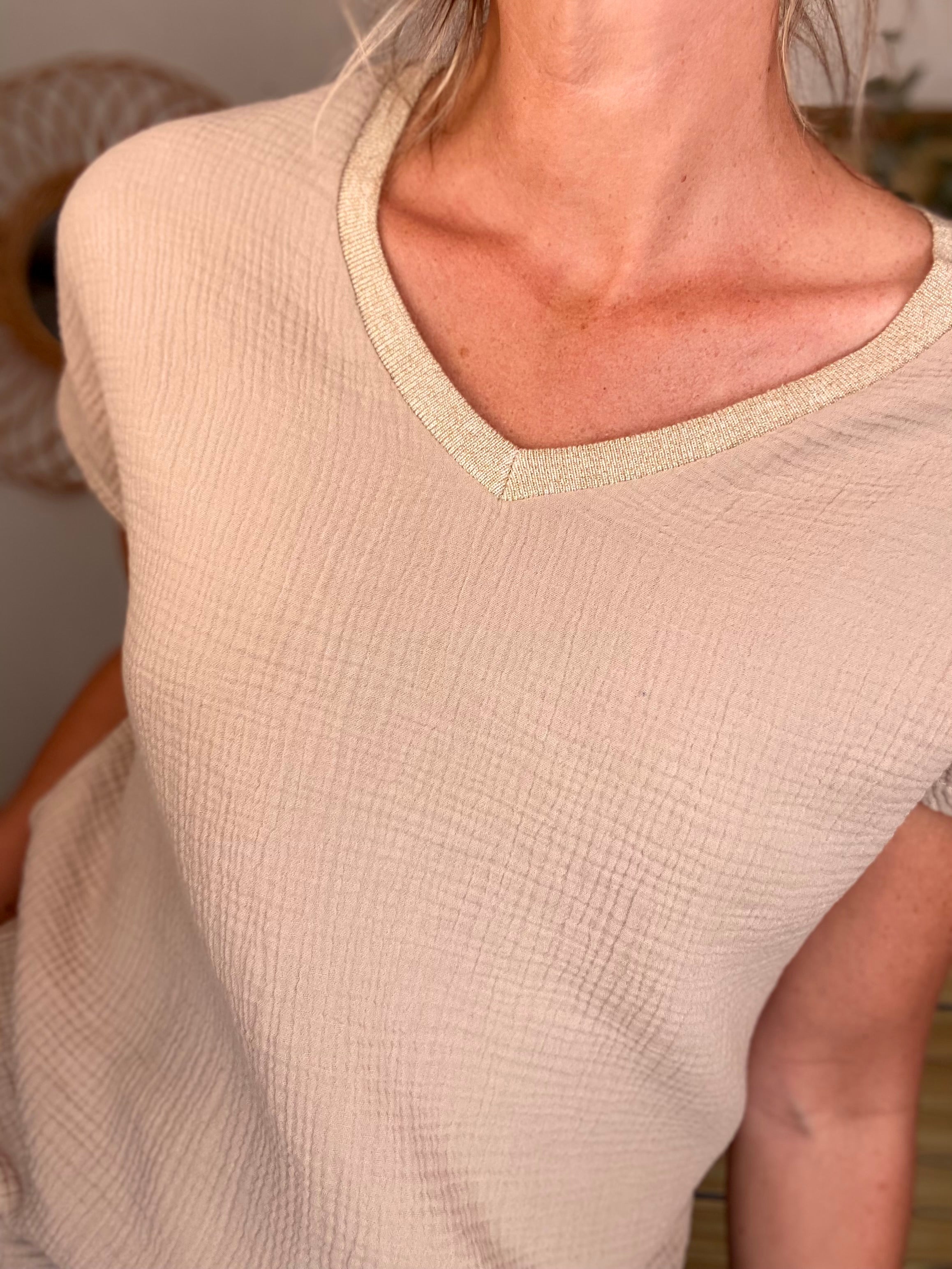 Précommande Expédition mi mai - Top en gaze de coton et lurex MARTA - Beige