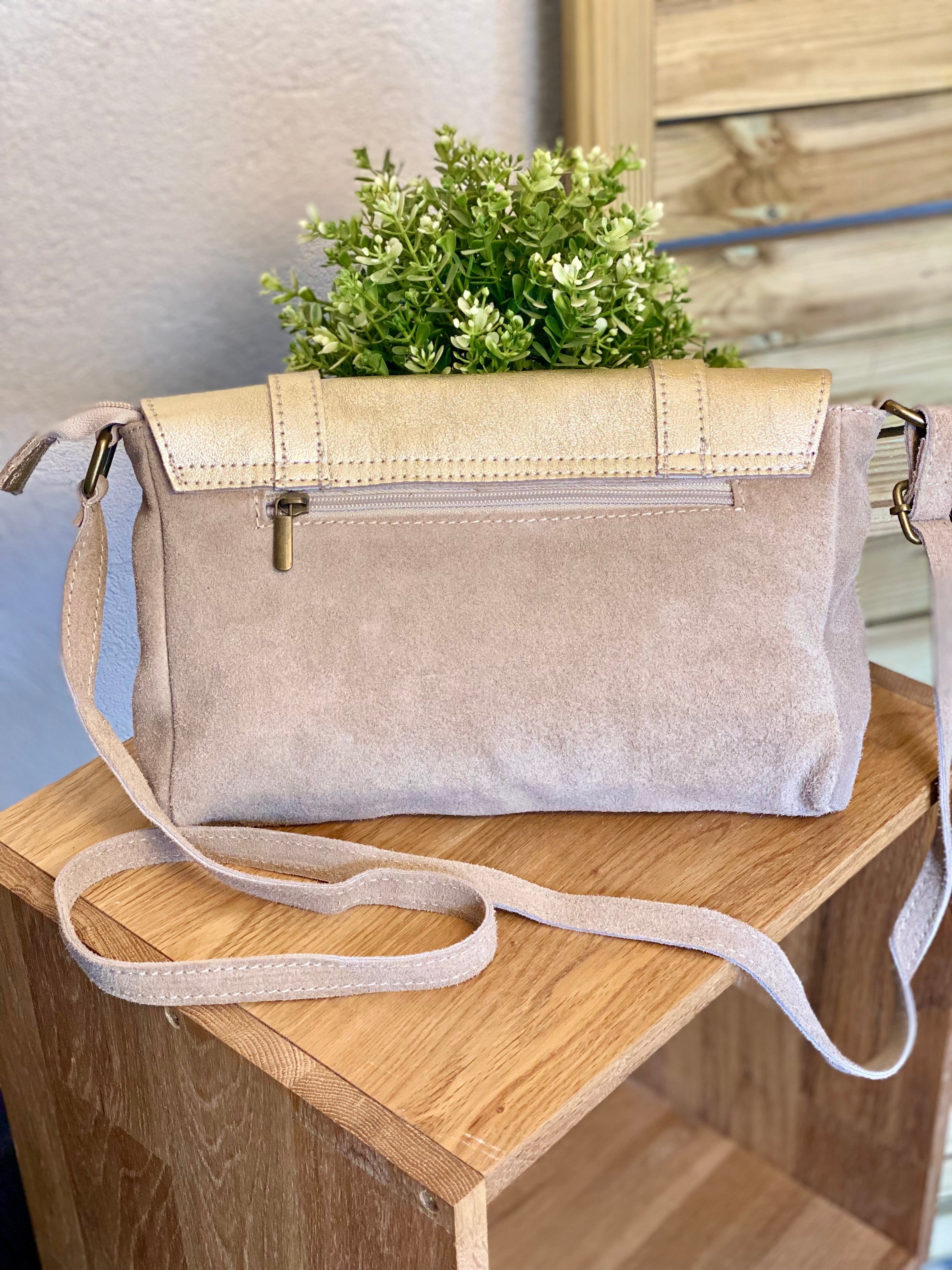 Sac bandoulière en cuir daim et irisé ESMÉE - Beige Doré