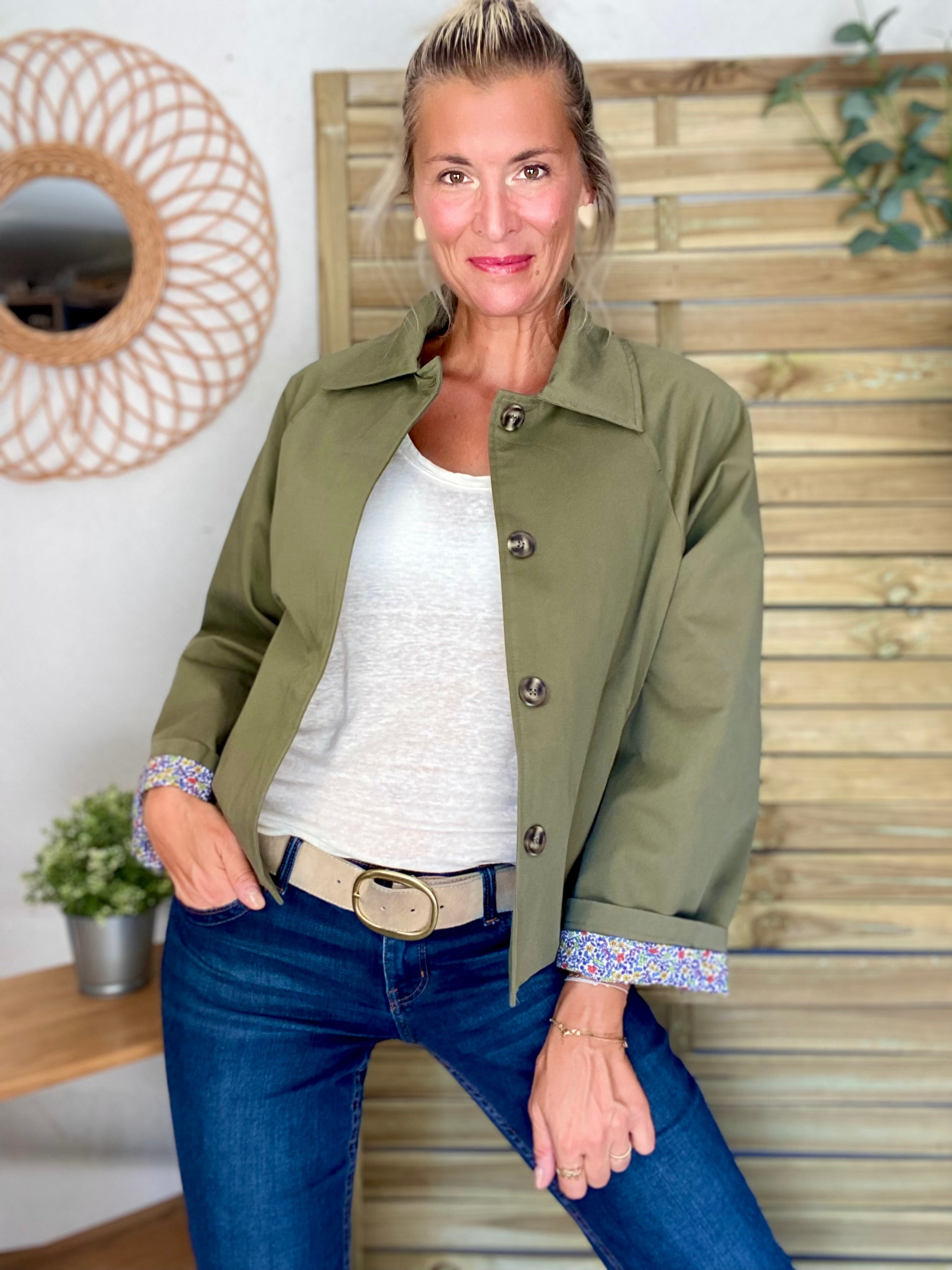 Veste Trench en coton kaki avec Liberty - MAHAUT