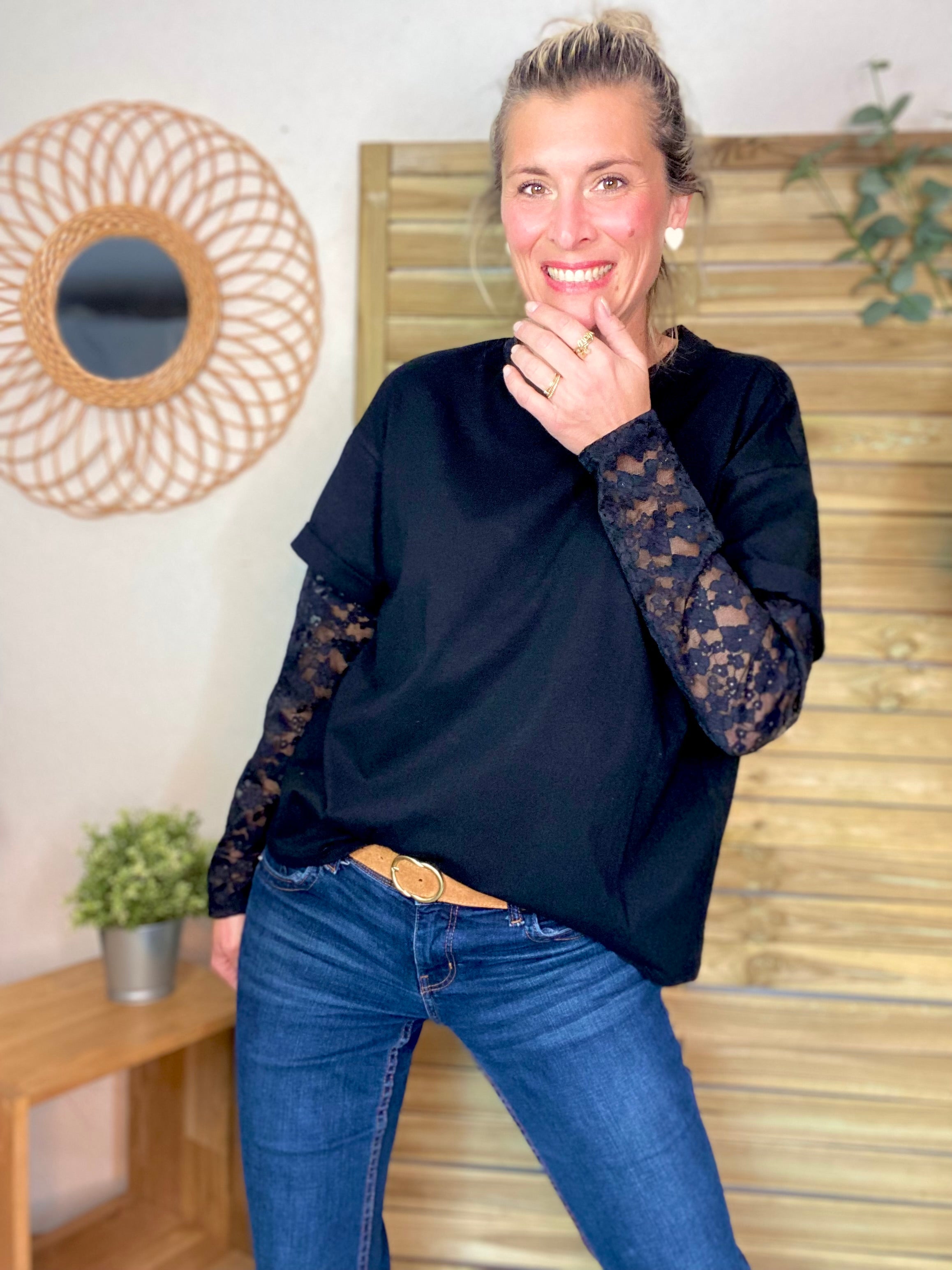 Tee shirt avec manches longues dentelle PAMELA - Noir