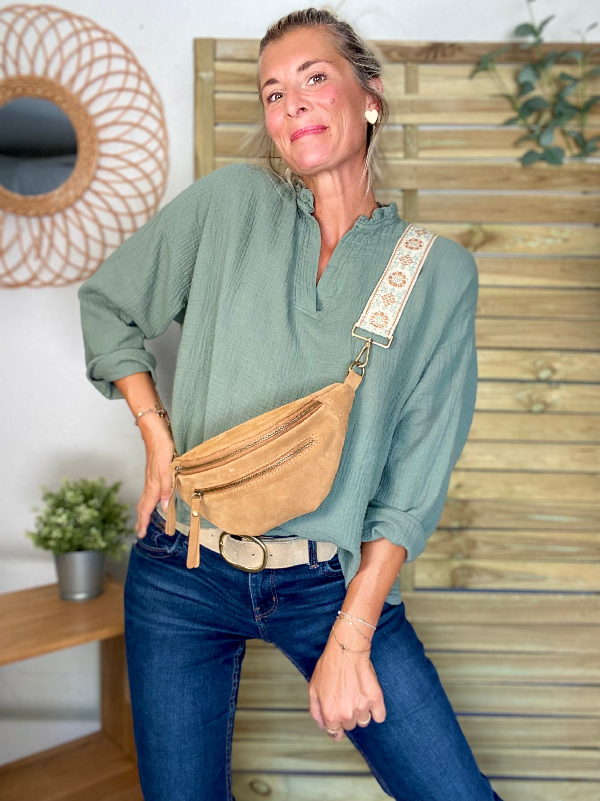 Blouse en gaze de coton SIERRA Kaki - manches longues