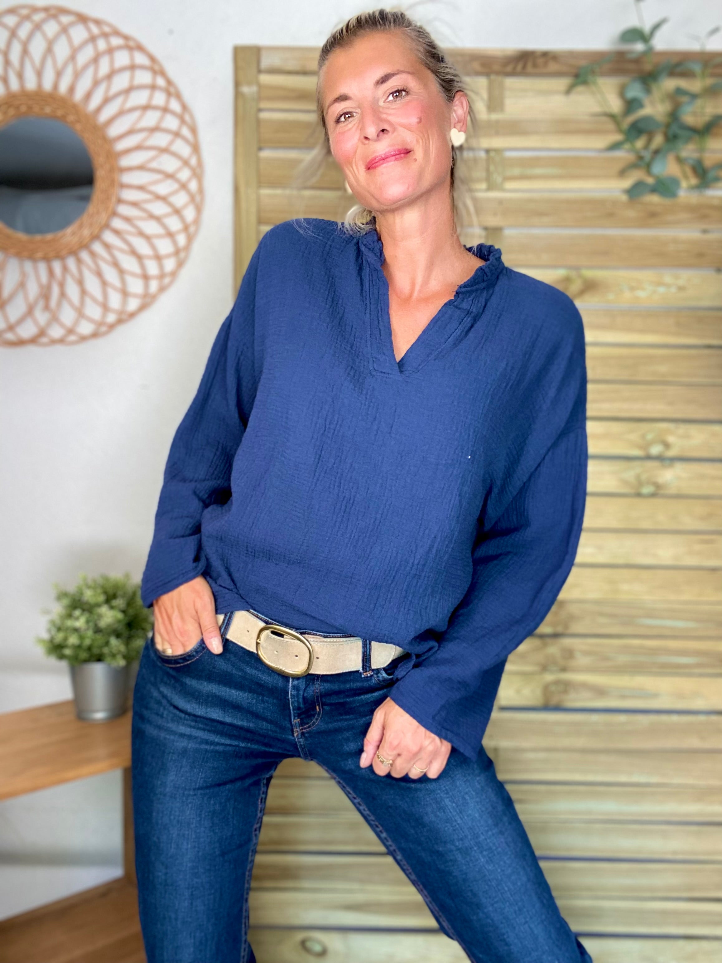 Blouse en gaze de coton SIERRA Bleu marine - manches longues