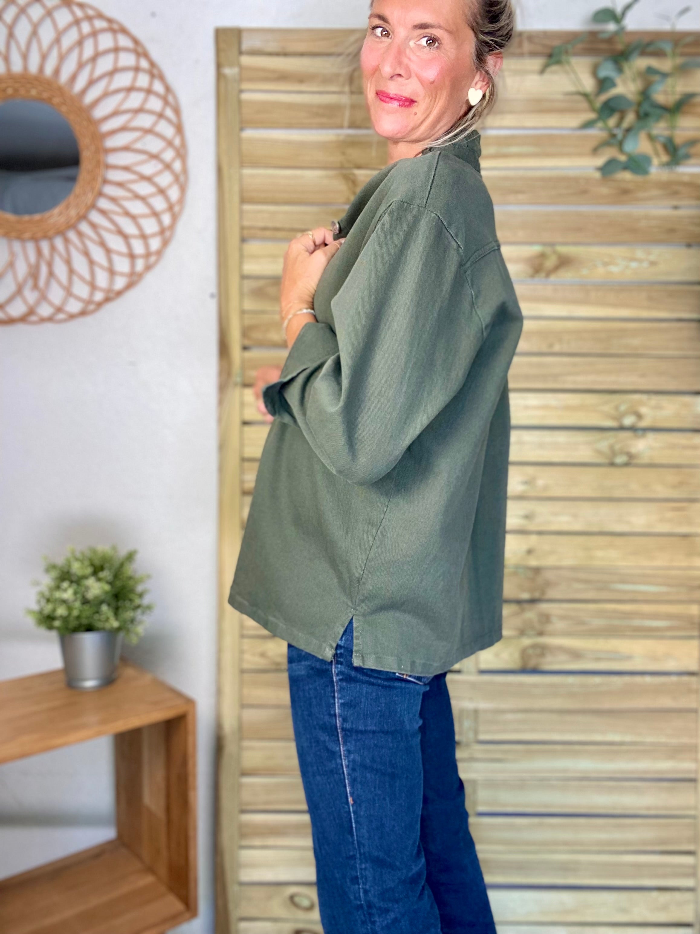 Veste / Chemise en coton, col volanté Kaki LISON