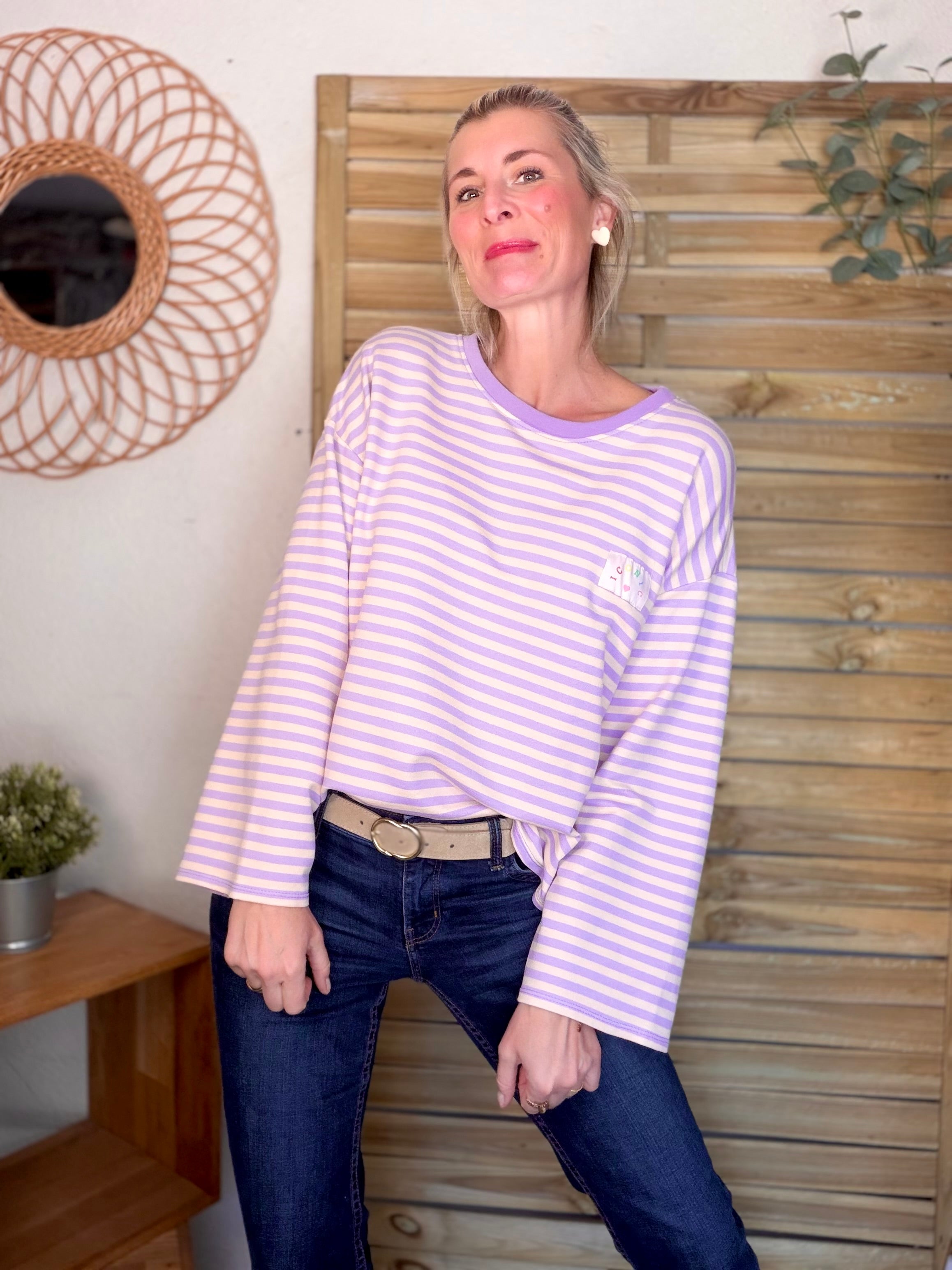 Sweat fin rayé ample Iconic CORALIE - Lilas