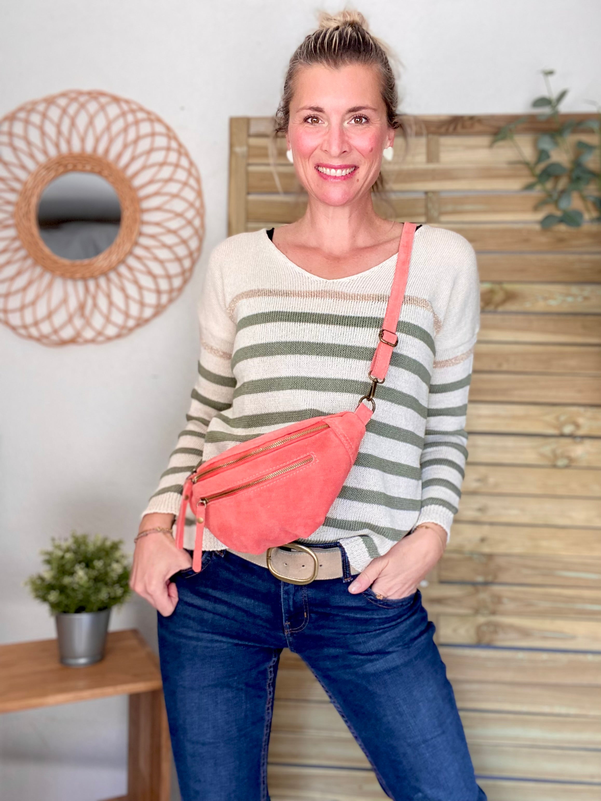 Sac banane double poche en cuir daim - OPALINE - Corail