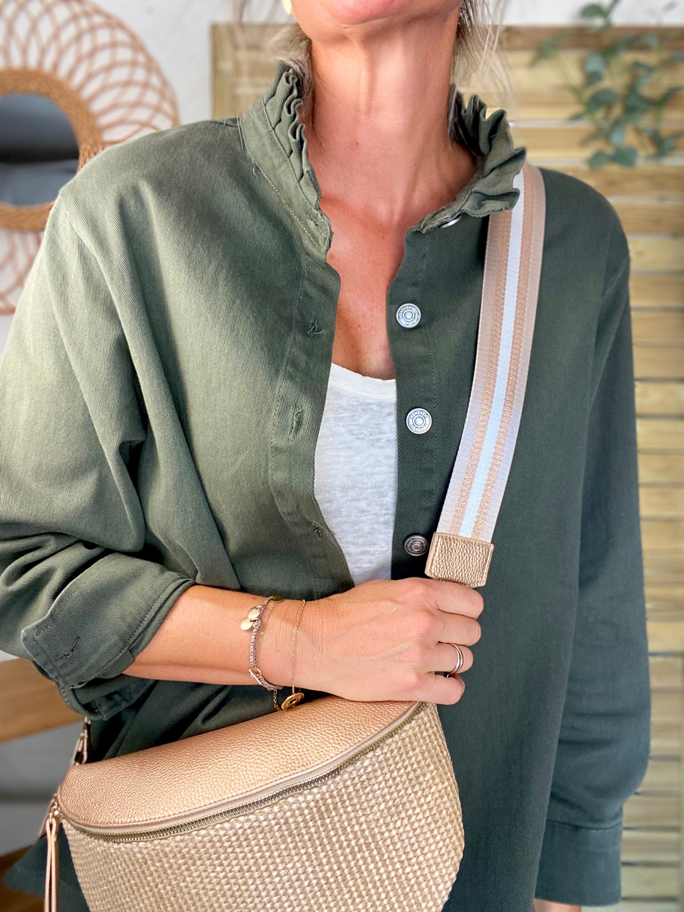 Veste / Chemise en coton, col volanté Kaki LISON