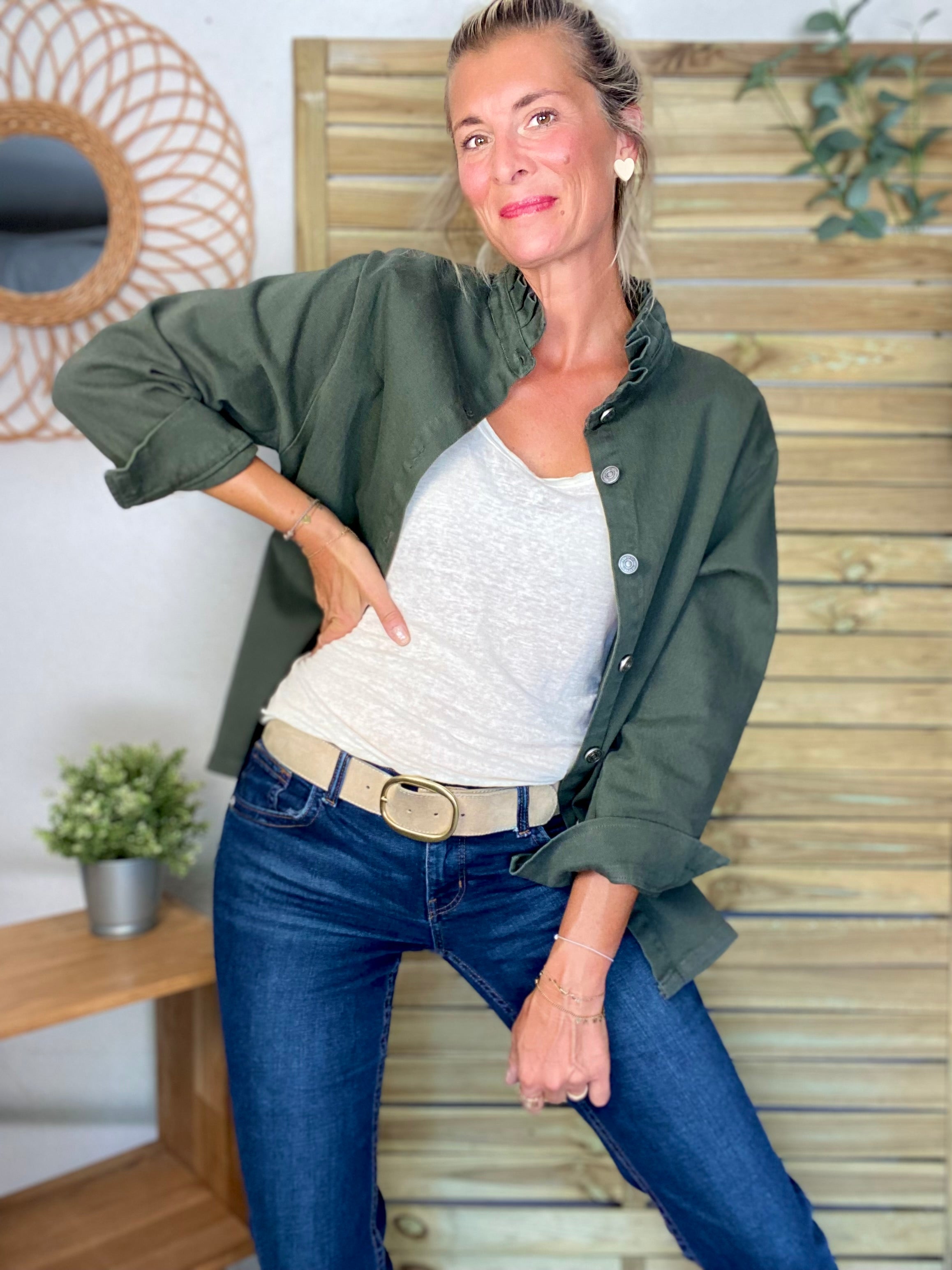 Veste / Chemise en coton, col volanté Kaki LISON