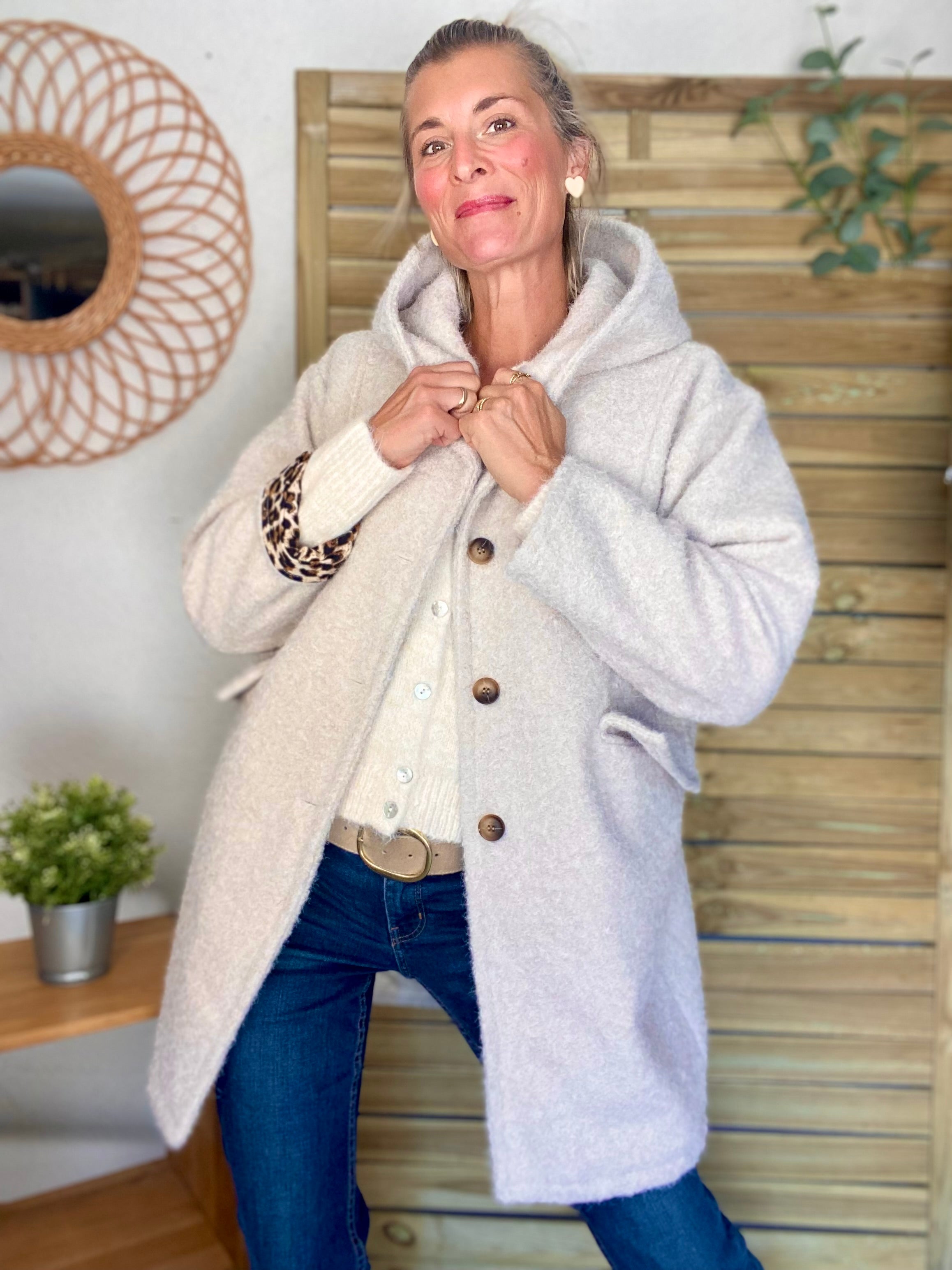 Manteau en laine EUGÉNIE avec détails Léo 🐆 - Crème