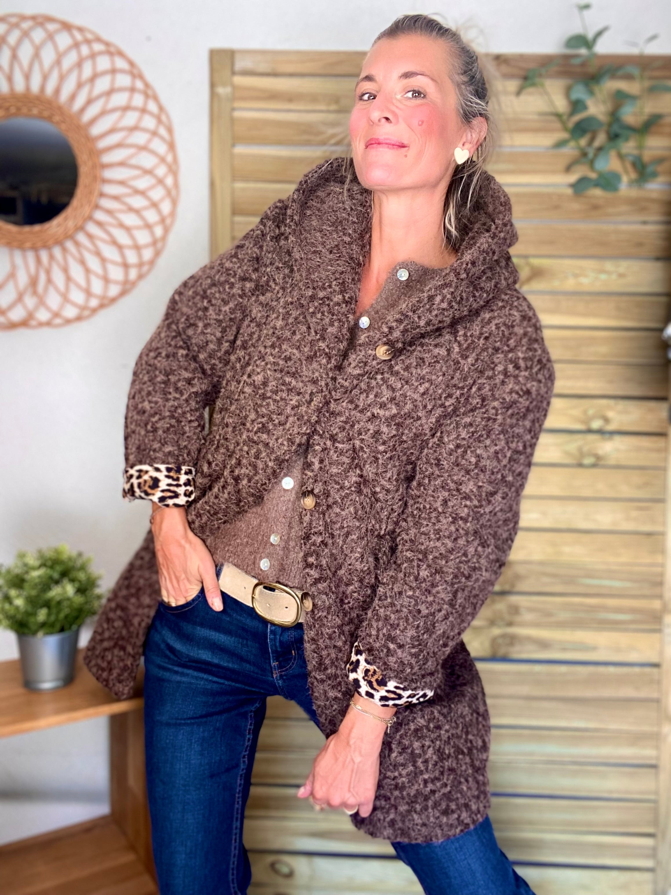 Manteau en laine EUGÉNIE avec détails Léo 🐆 - Chocolat