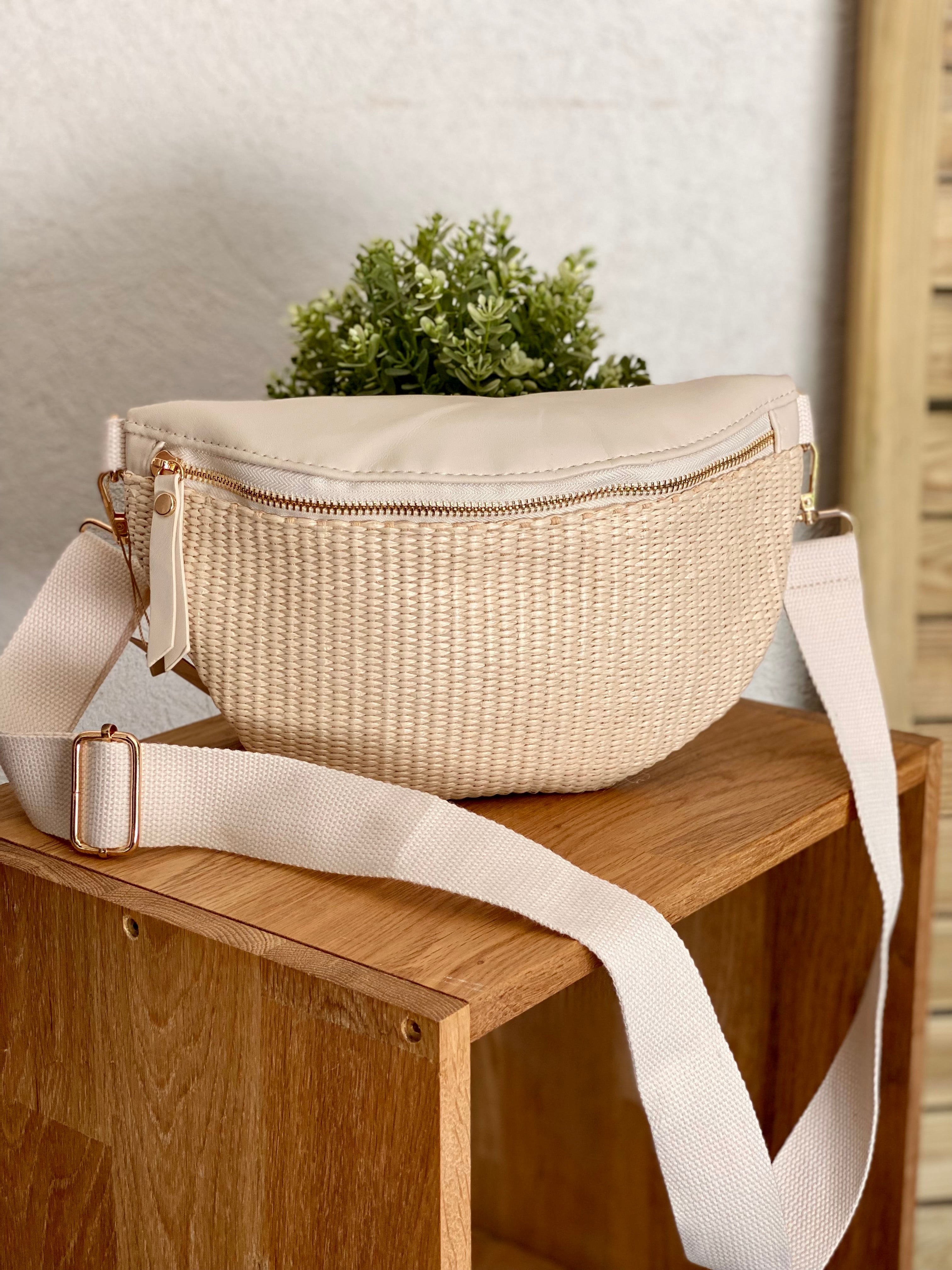 Sac banane bi-matière effet paille - DOLLY Atelier Paname - Beige clair / écru (format L) - FIN DE SÉRIE