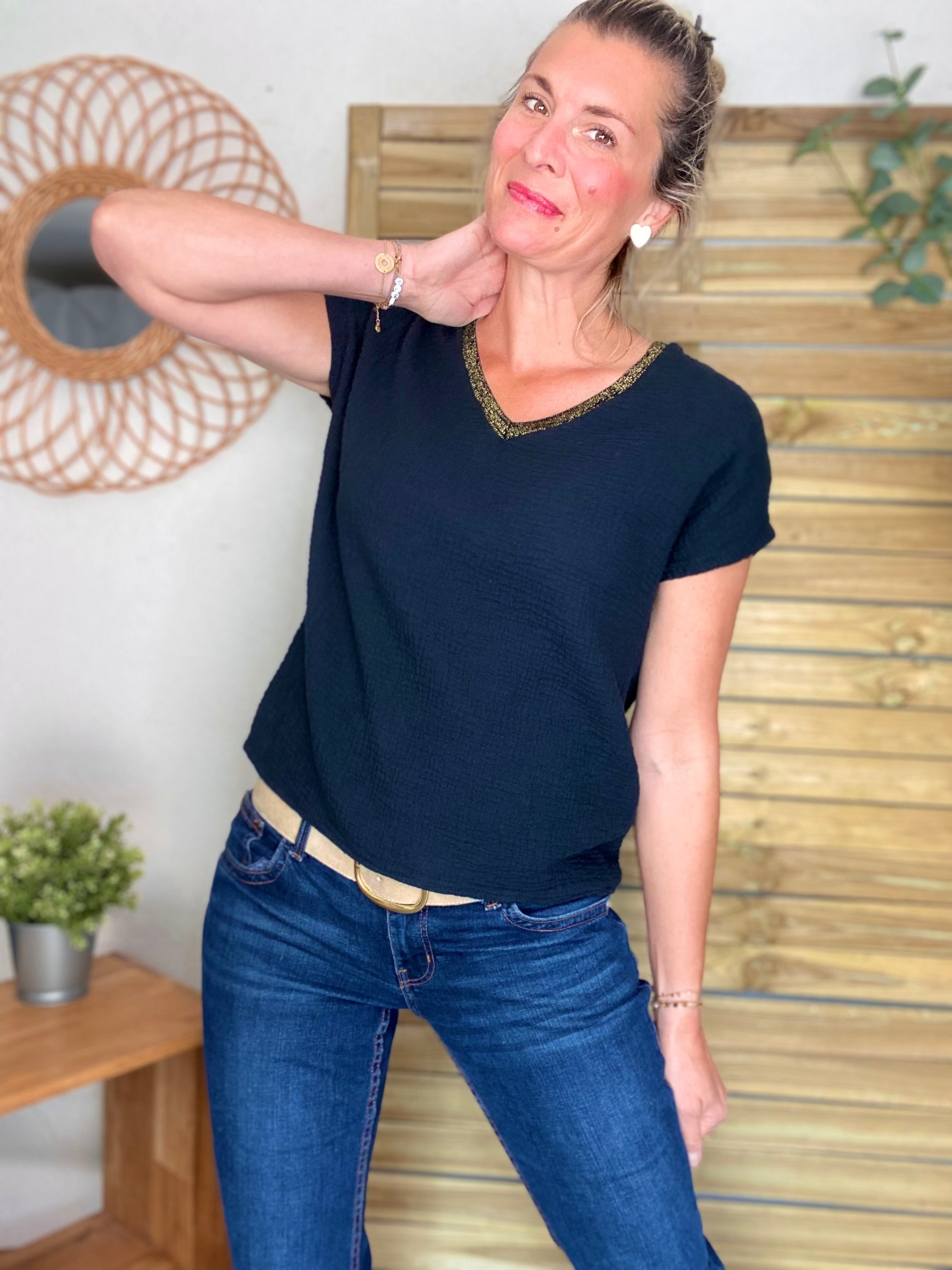 Précommande Expédition mi mai - Top en gaze de coton et lurex MARTA - Noir