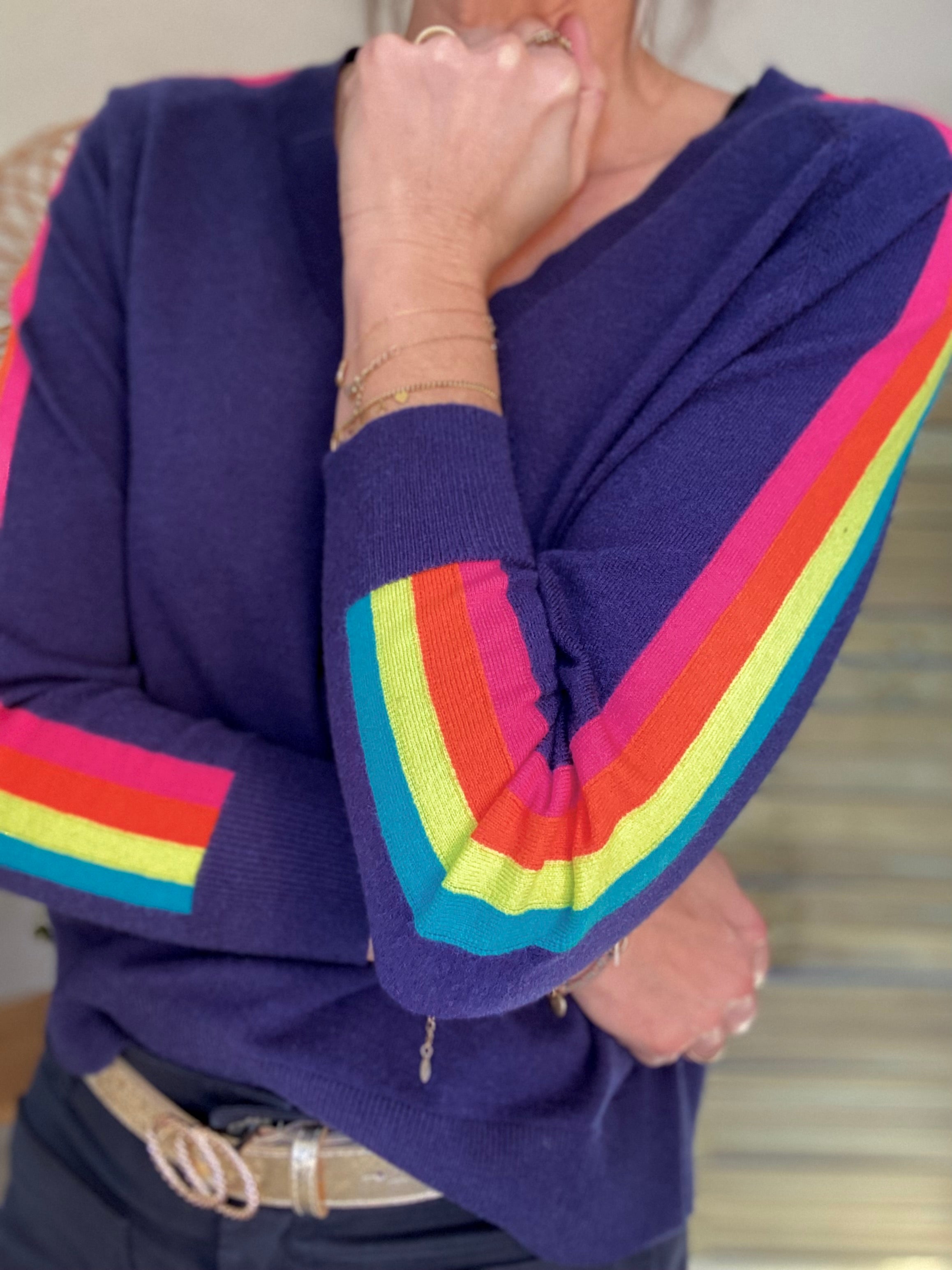 Pull fin avec bandes colorées, col V - RAINBOW 🌈 Bleu marine