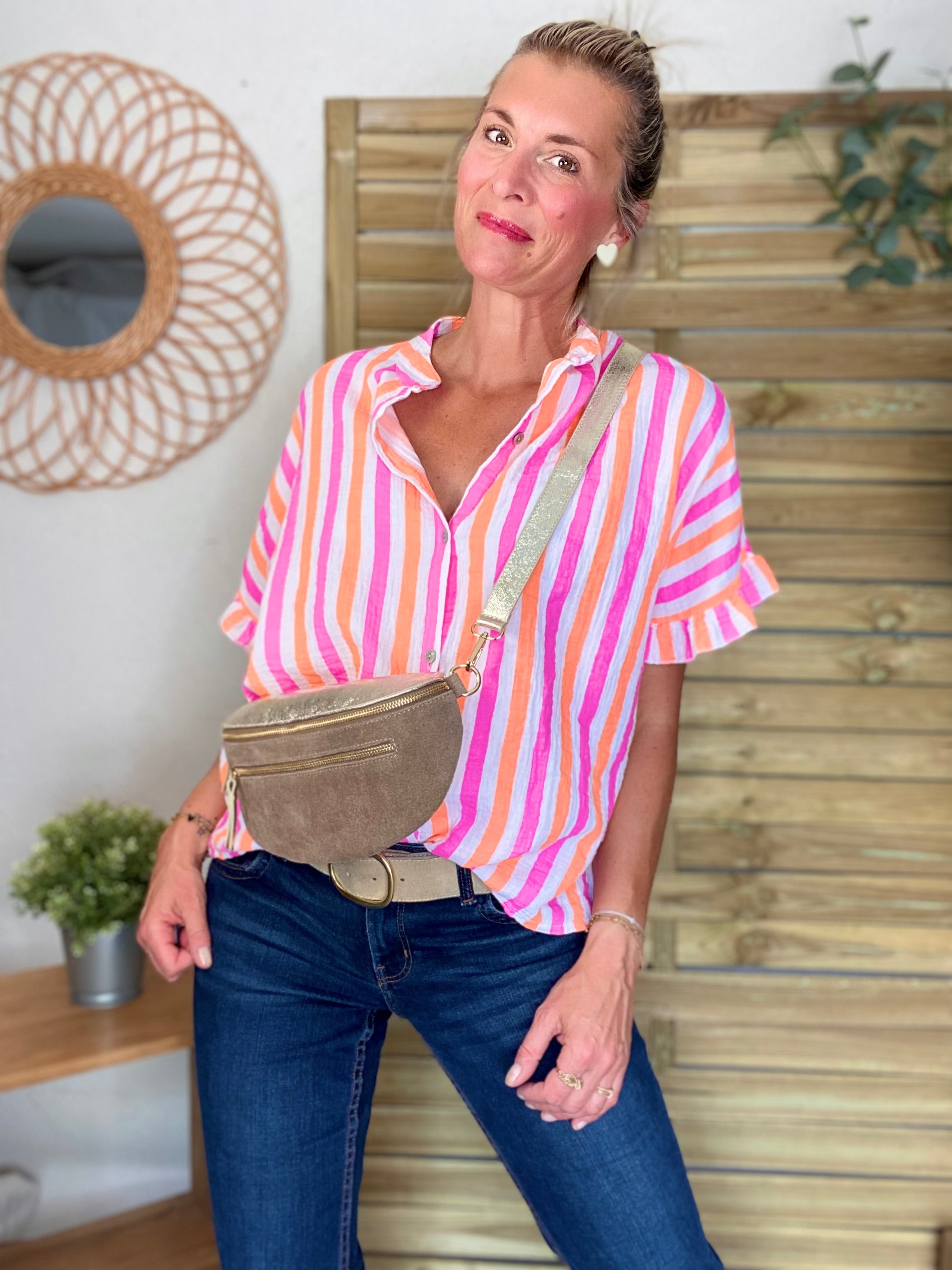 Chemise oversize rayée orange et fuschia en gaze de coton FÉLICIE