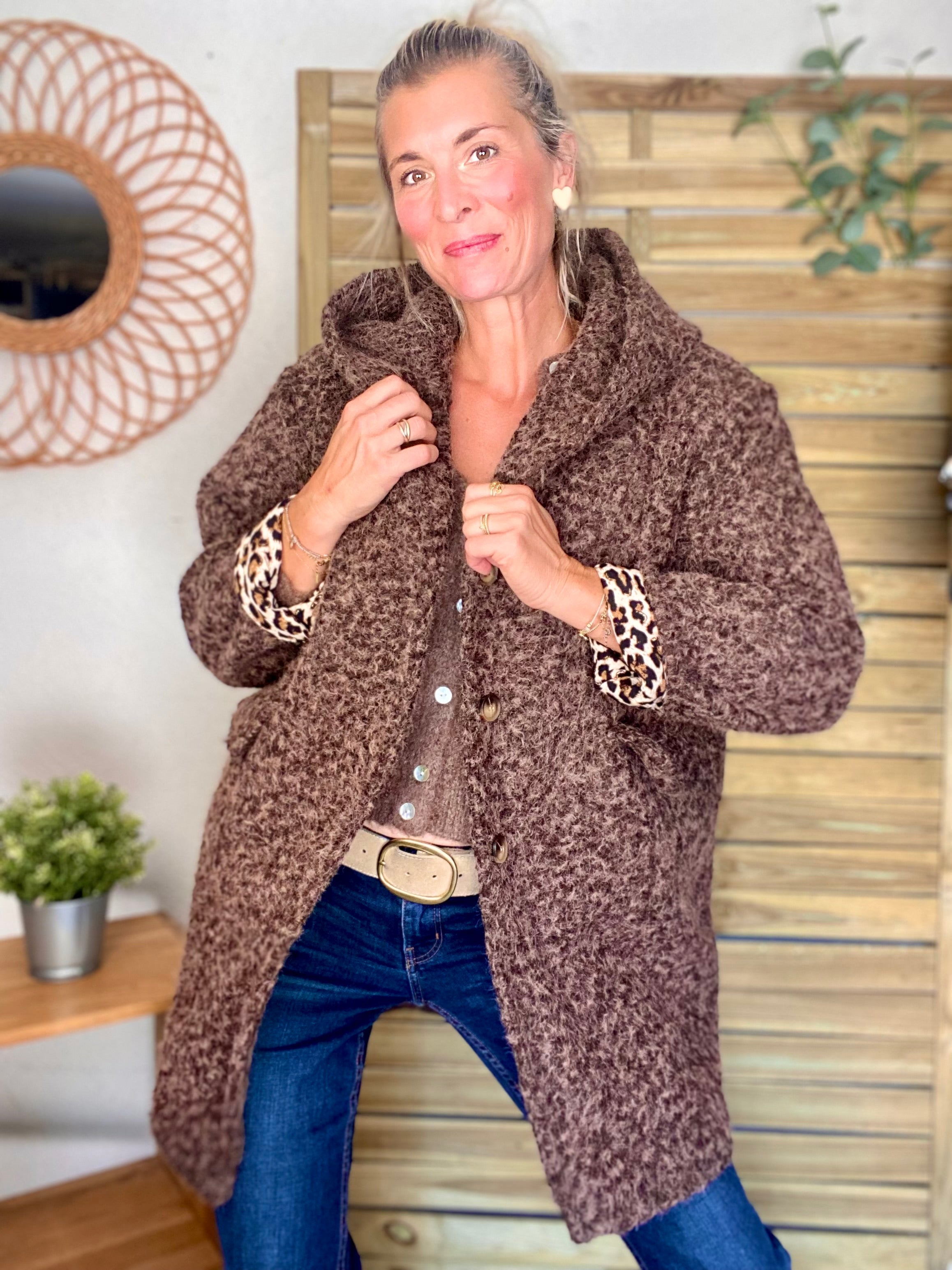 Manteau en laine EUGÉNIE avec détails Léo 🐆 - Chocolat