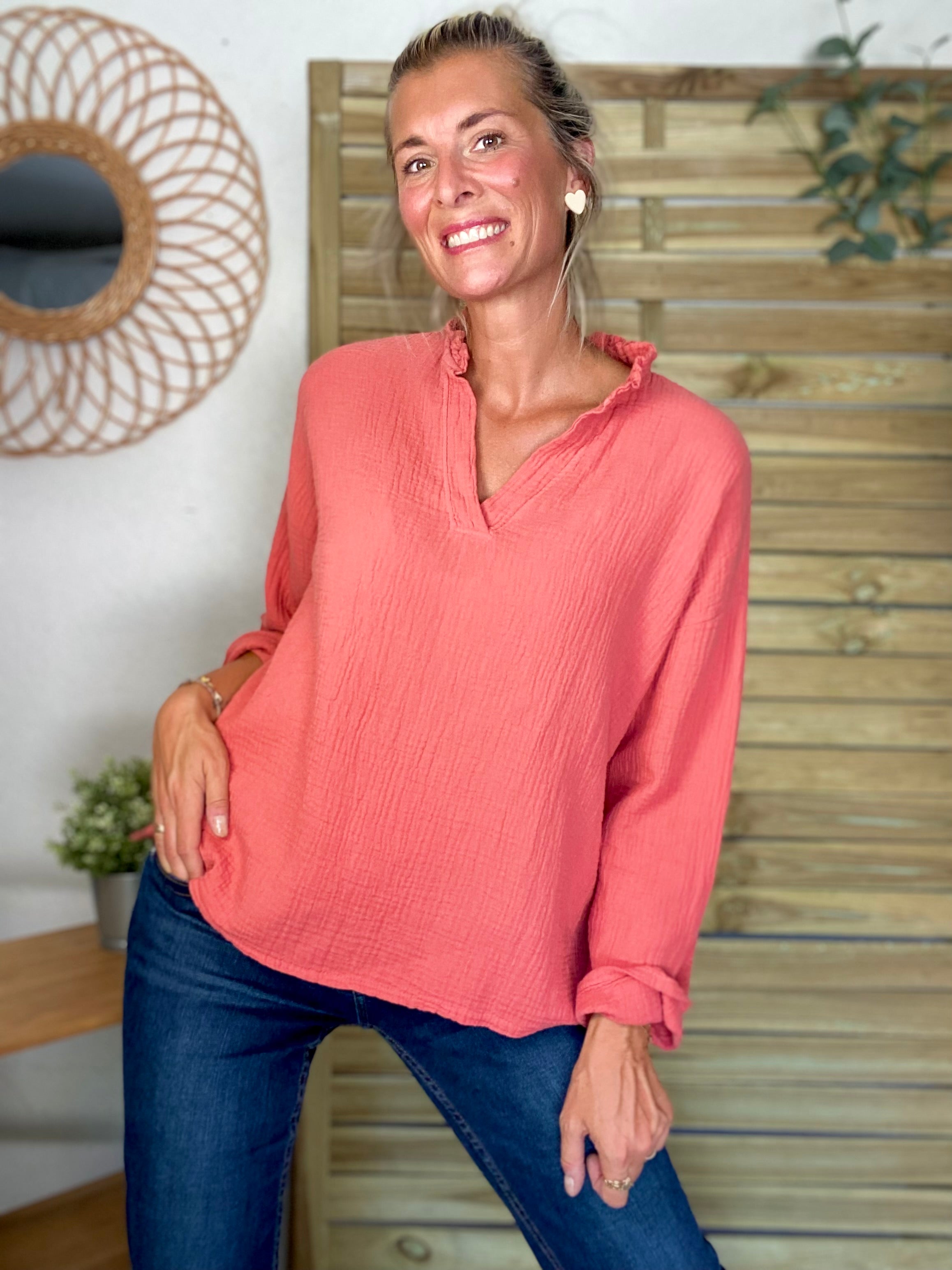 Blouse en gaze de coton SIERRA Terracotta - manches longues