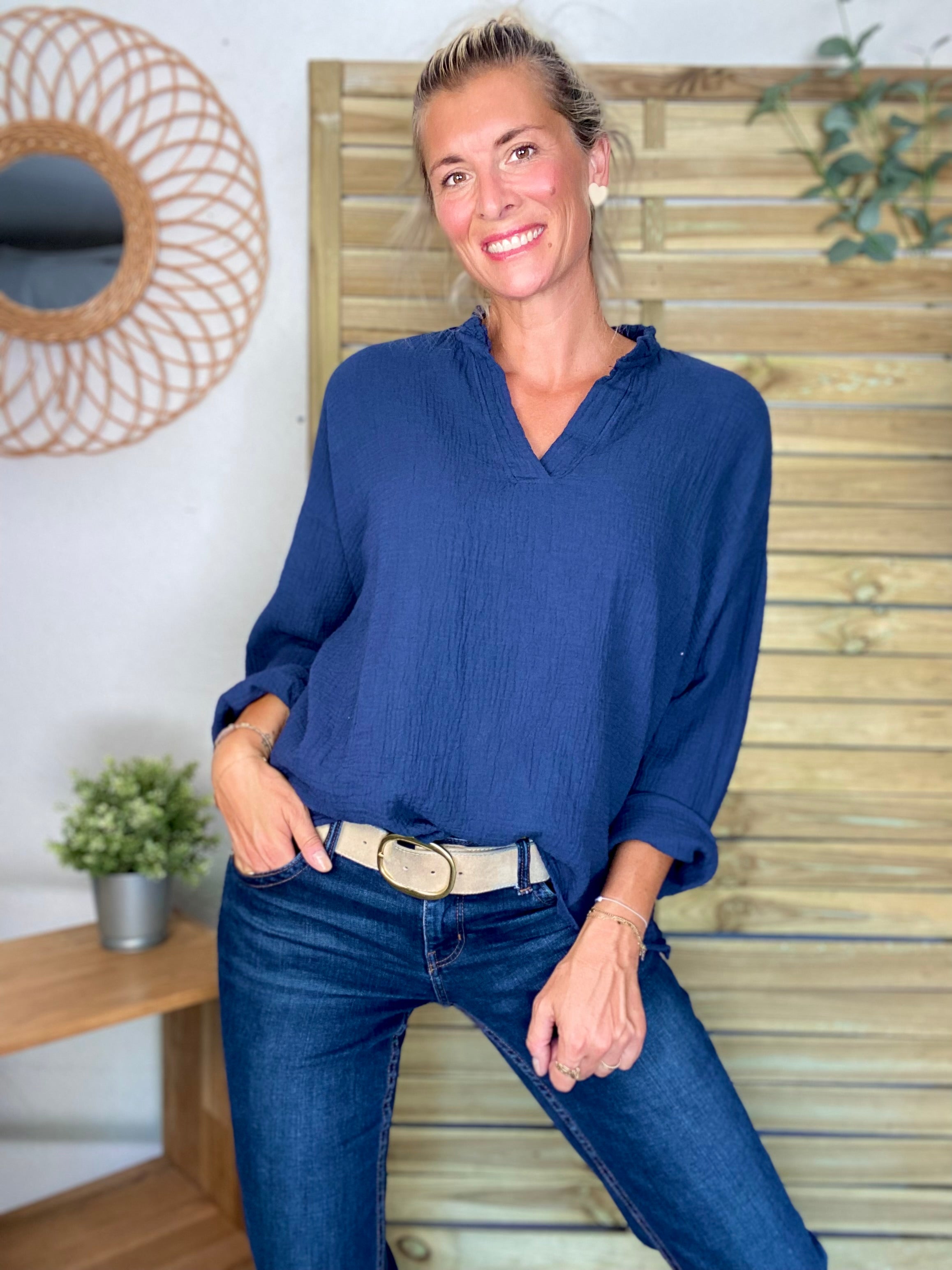 Blouse en gaze de coton SIERRA Bleu marine - manches longues