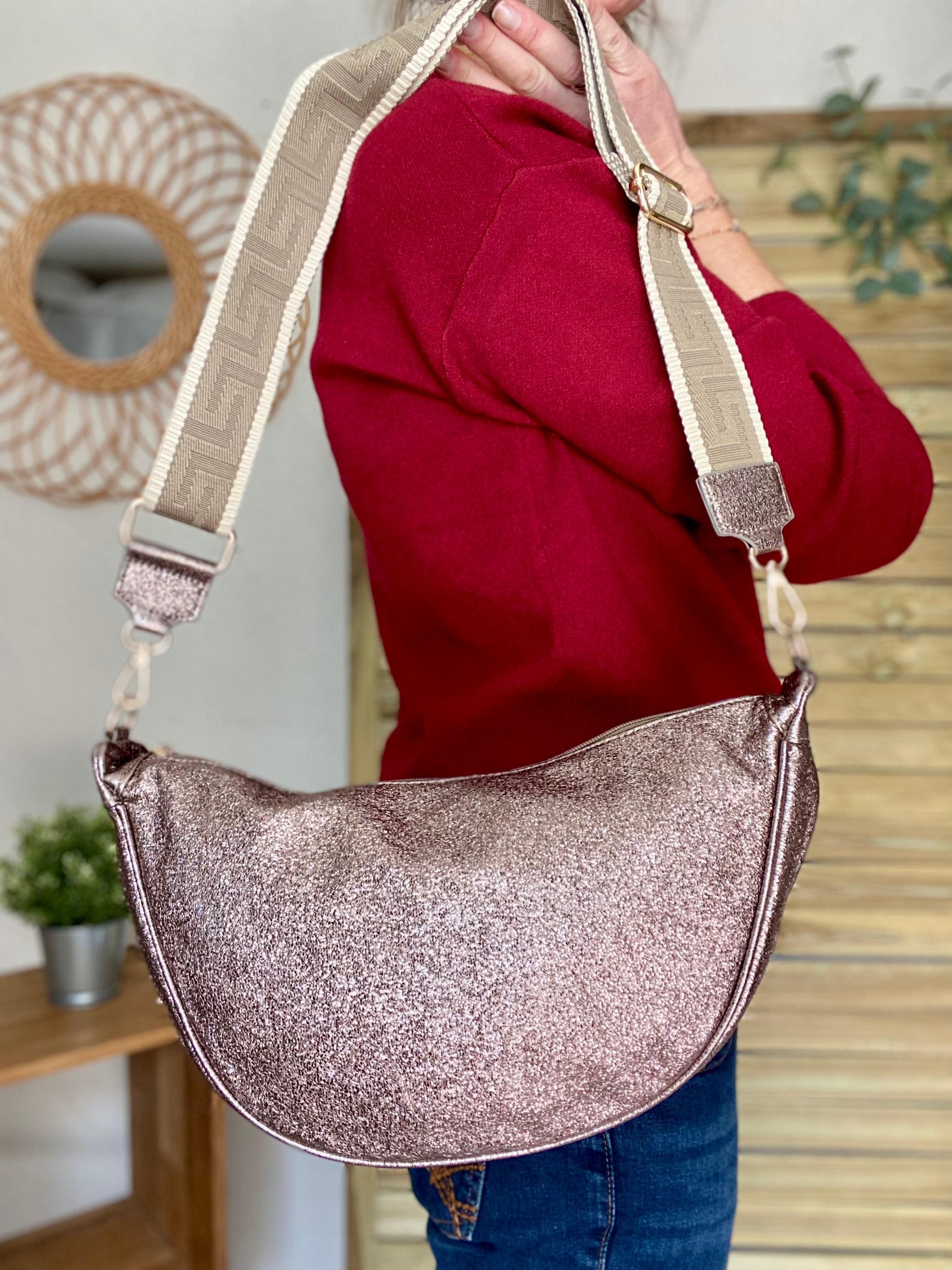 Sac besace demi-lune XL irisé, sangle fantaisie - AMY - Bronze