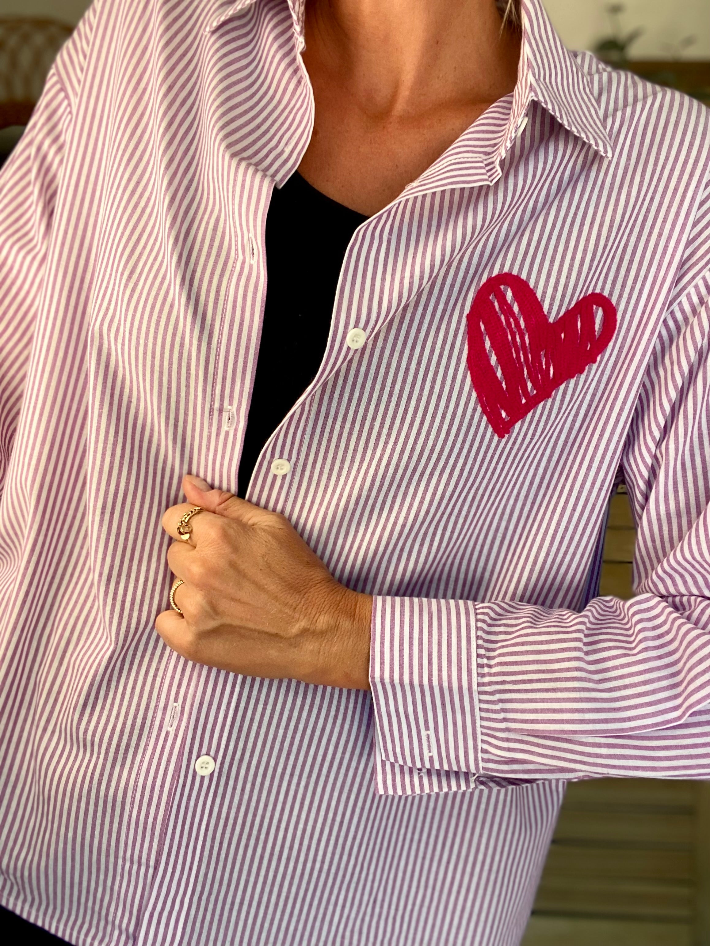 Chemise rayée brodée LOVE multico LANA - Rose cerise