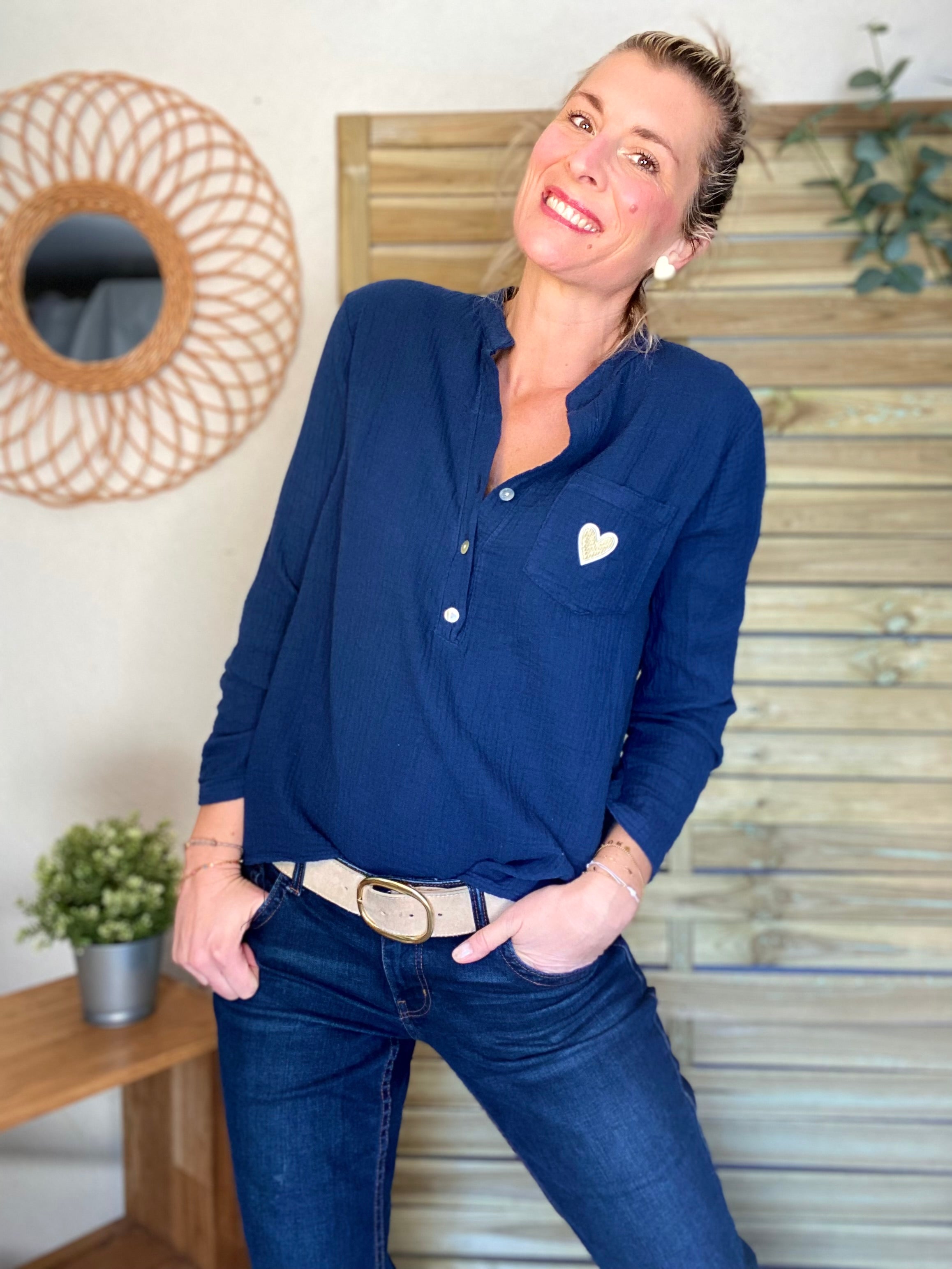 Blouse en gaze de coton ÉLÉA - Bleu marine
