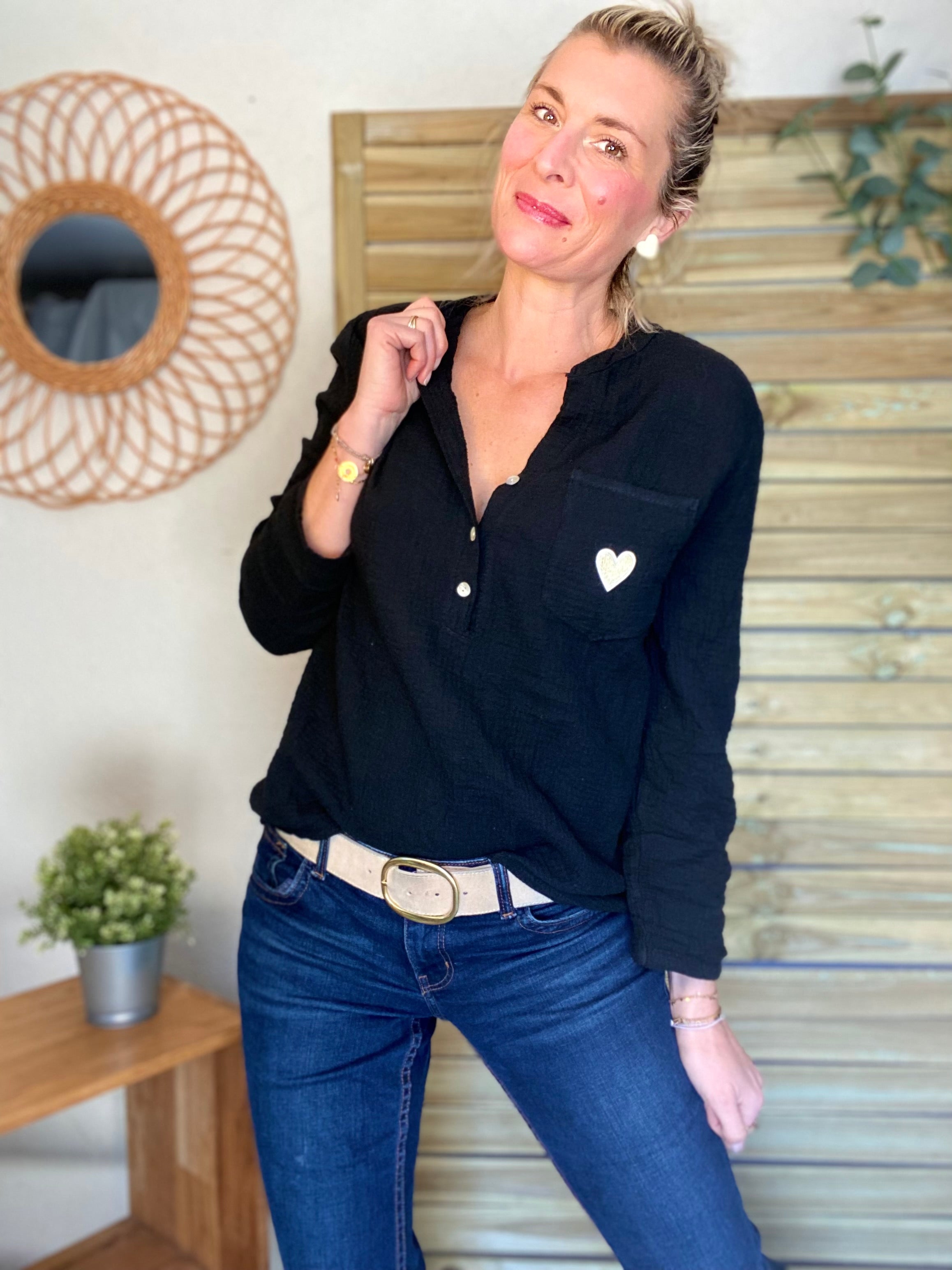 Blouse en gaze de coton ÉLÉA - Noir