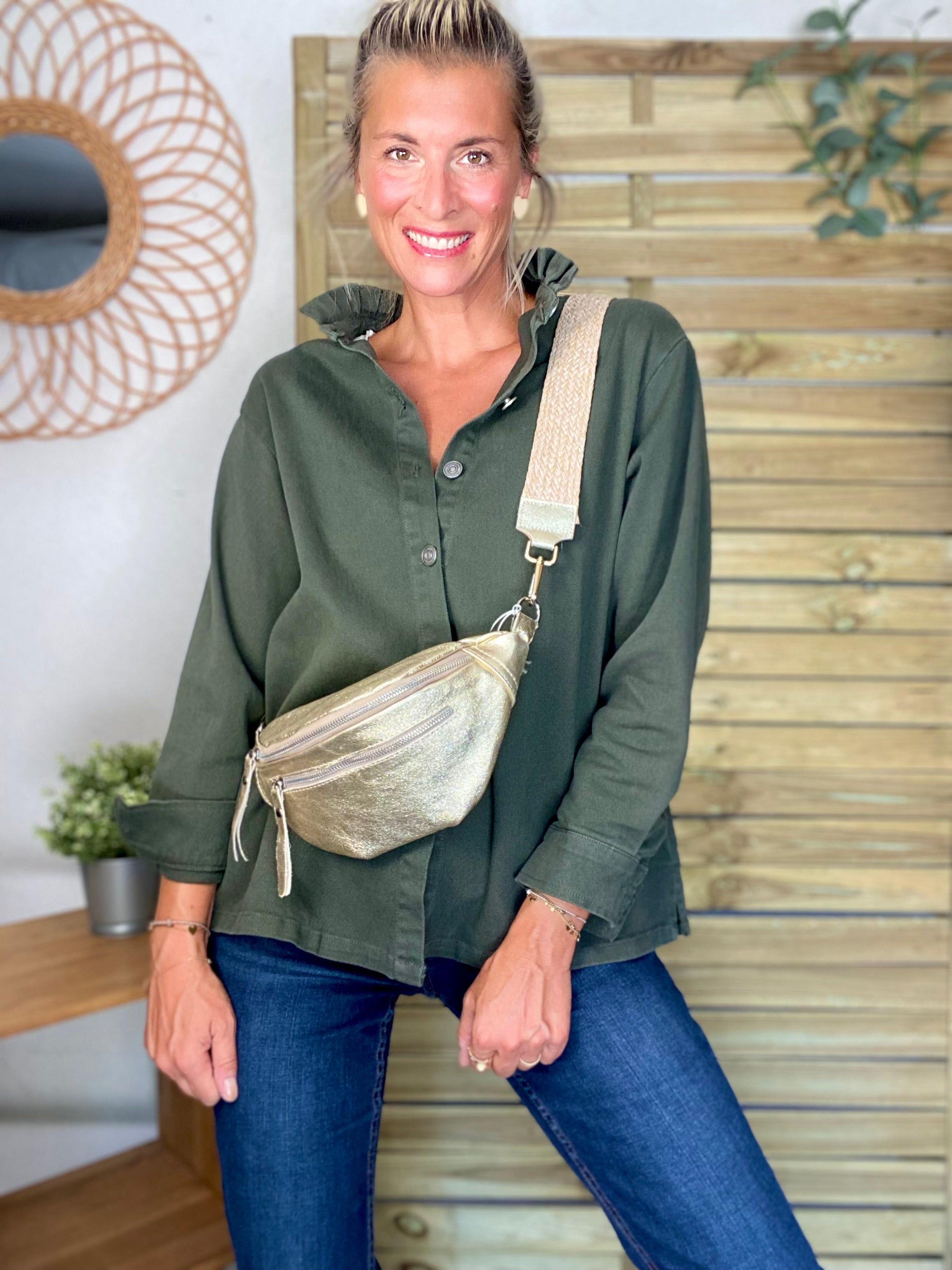 Veste / Chemise en coton, col volanté Kaki LISON