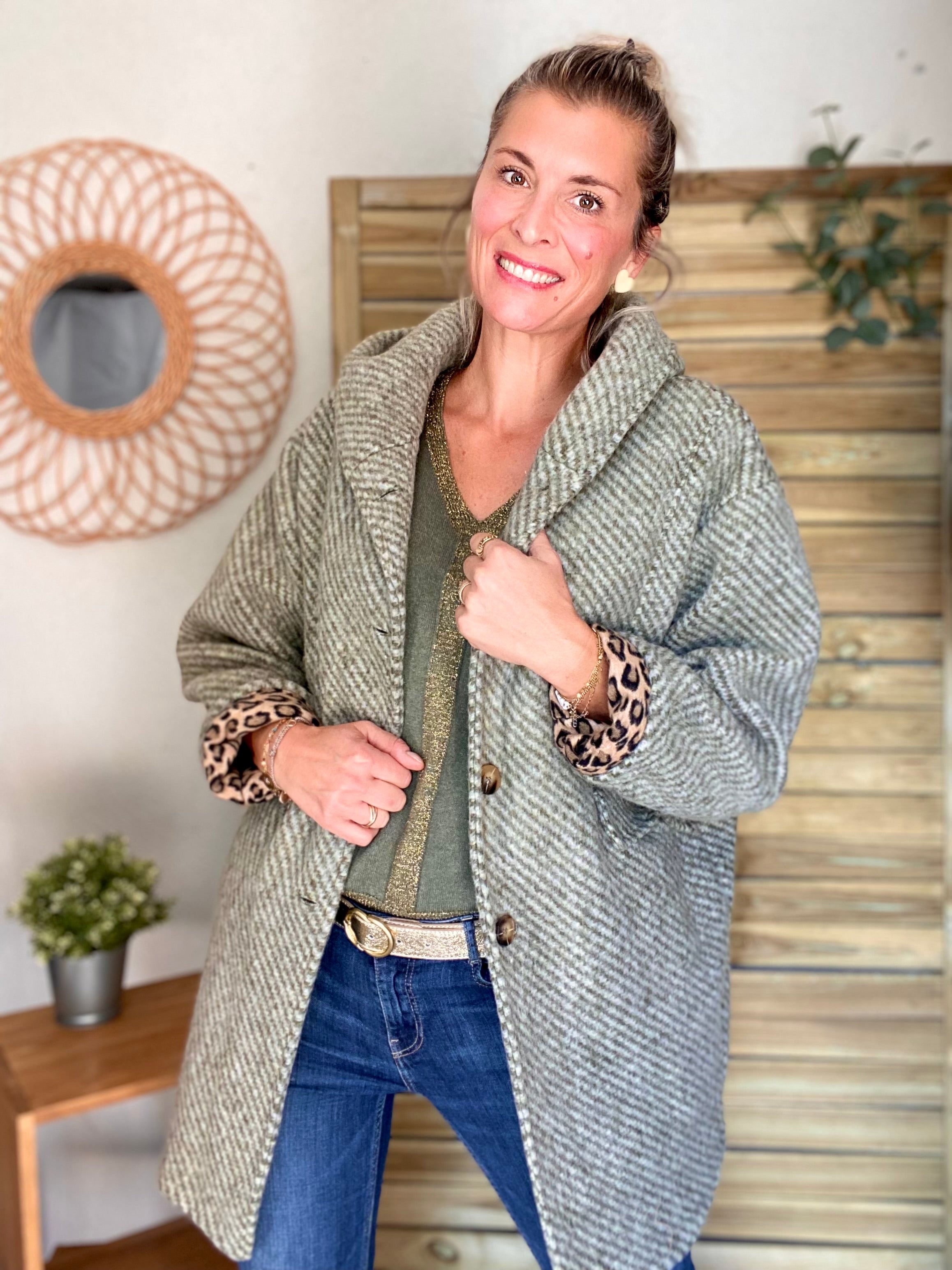Manteau laine AGATHE avec détails Léo (étoile capuche) - Kaki - FIN DE SÉRIE