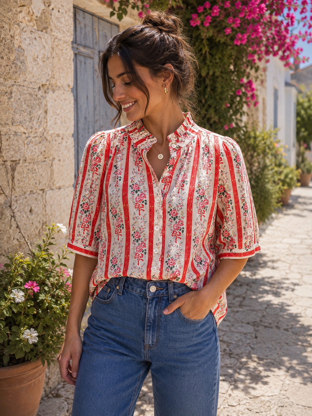 Blouse fleurie rayures VALENTINE Corail