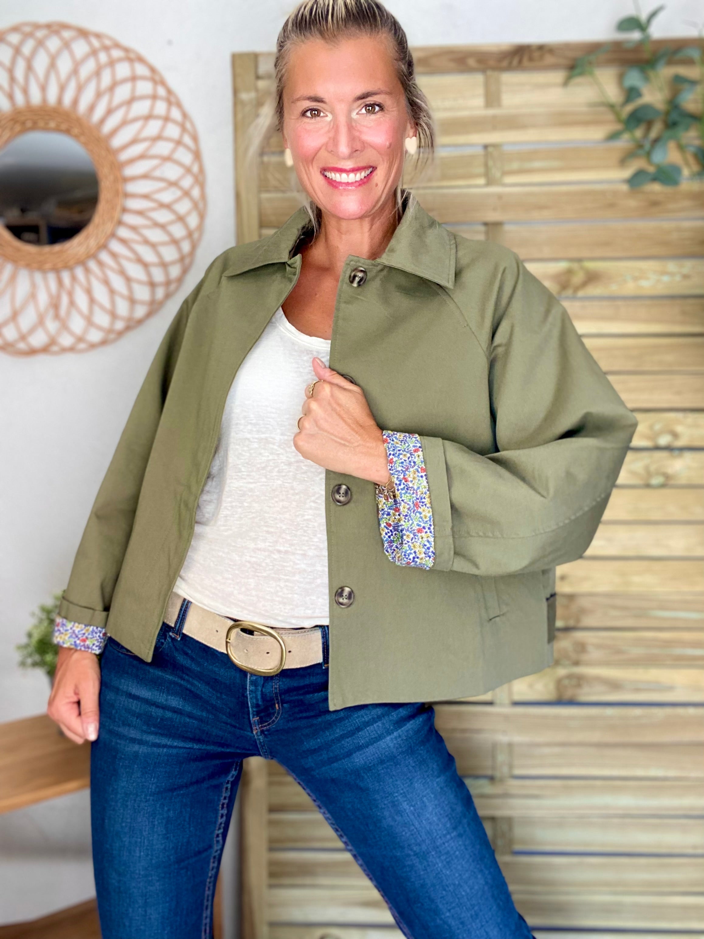 Veste Trench en coton kaki avec Liberty - MAHAUT