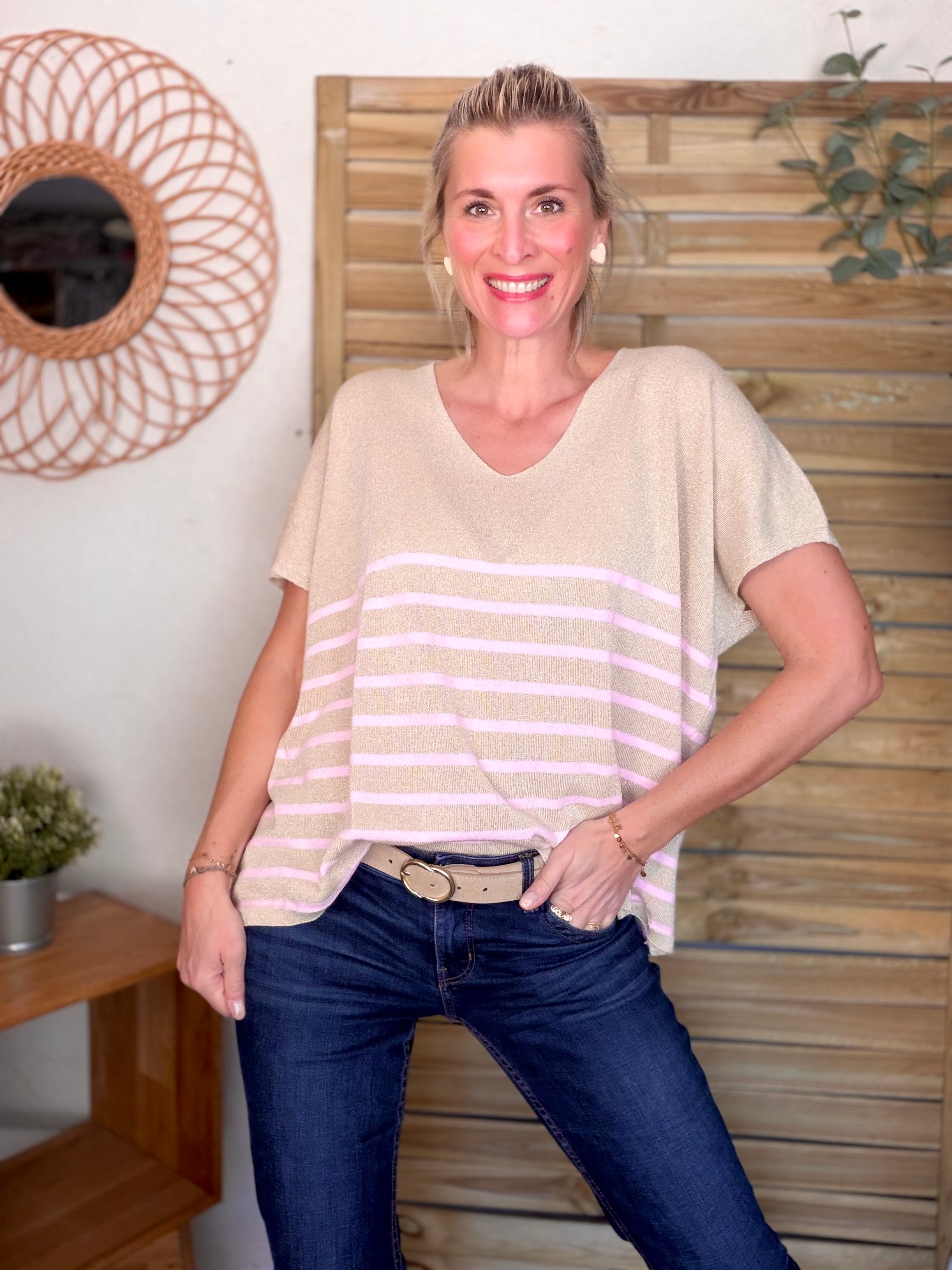 Top maille lurex col V IRINA Rose