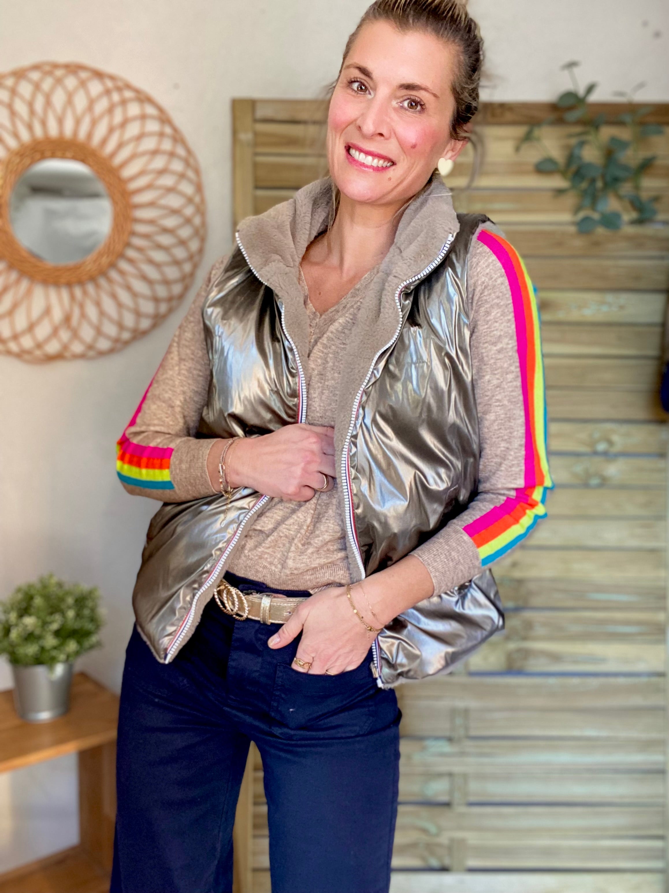 Pull fin avec bandes colorées, col V - RAINBOW 🌈 Taupe chiné