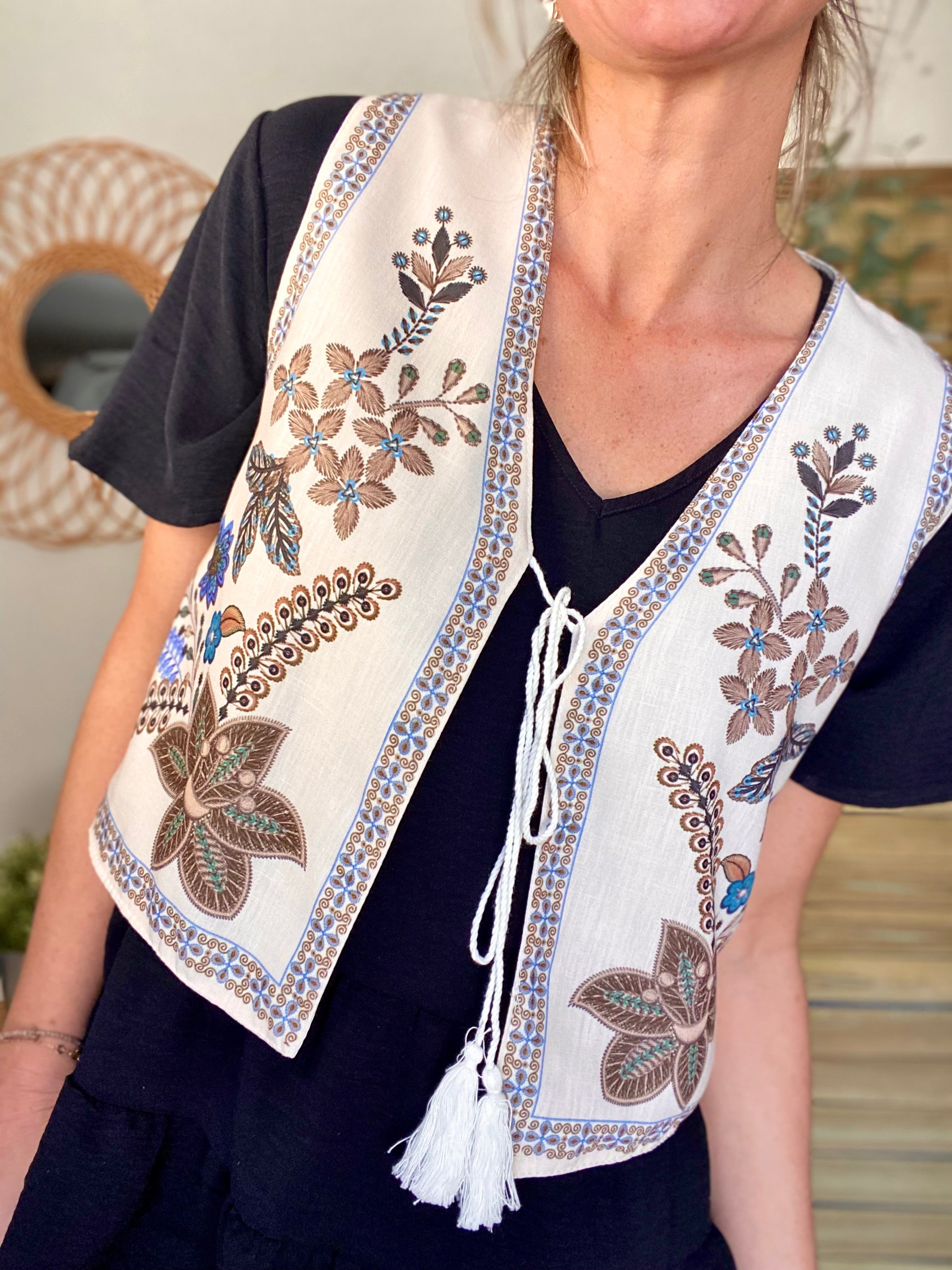 Gilet boléro fleuri Camel bleu MAXINE