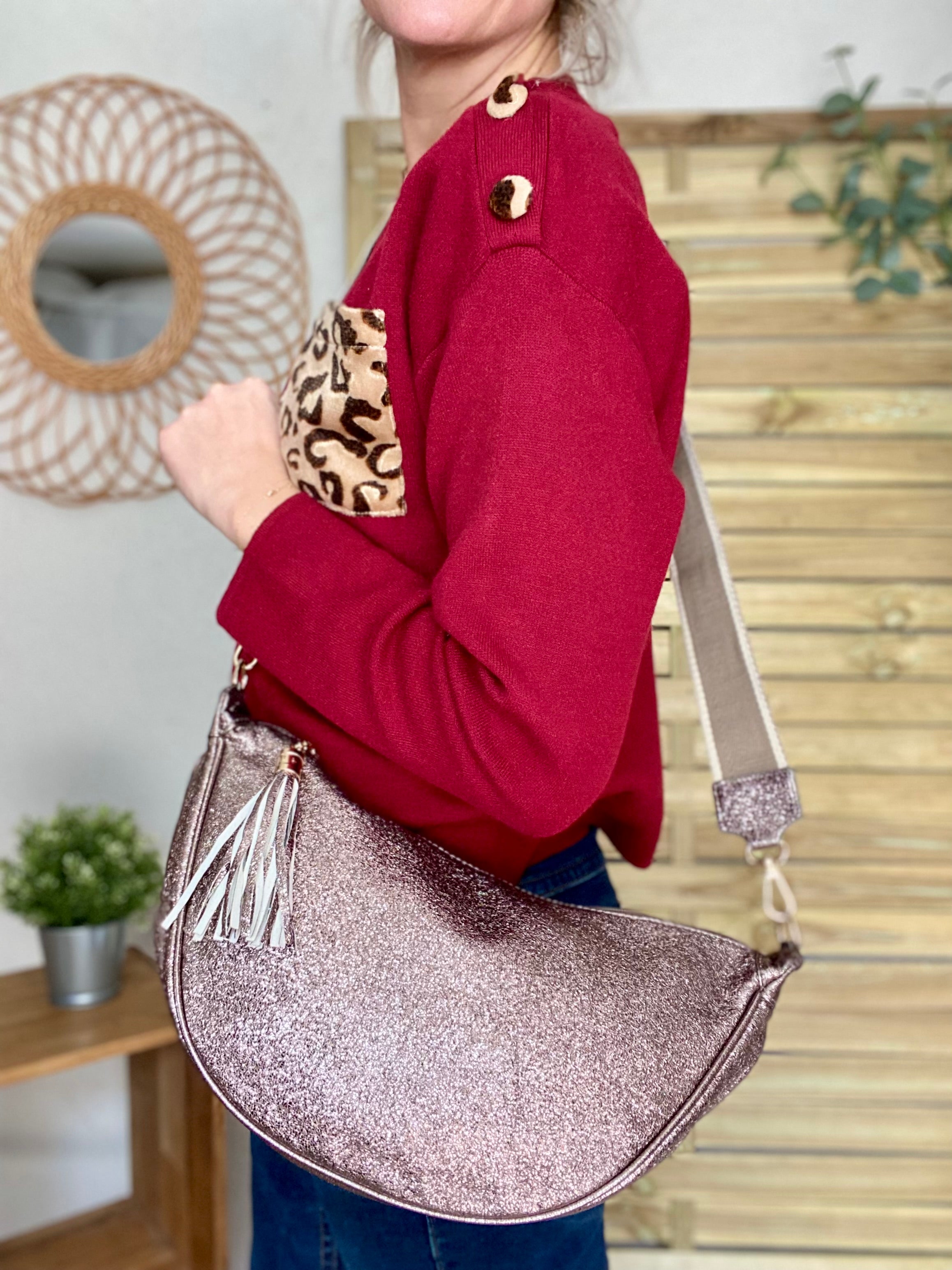 Sac besace demi-lune XL irisé, sangle fantaisie - AMY - Bronze