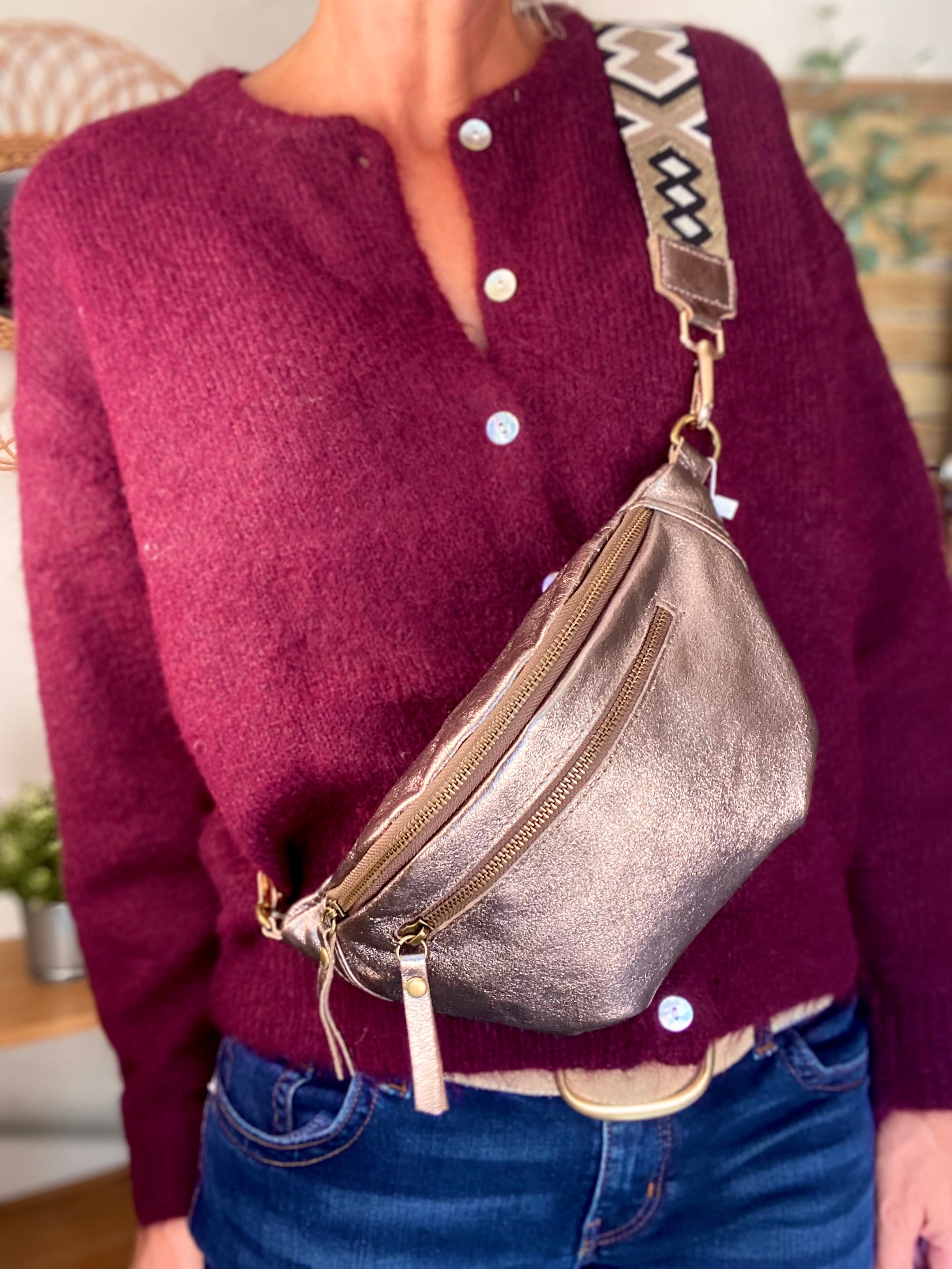 Sac banane en cuir irisé double poche - OPALE - Bronze / étain