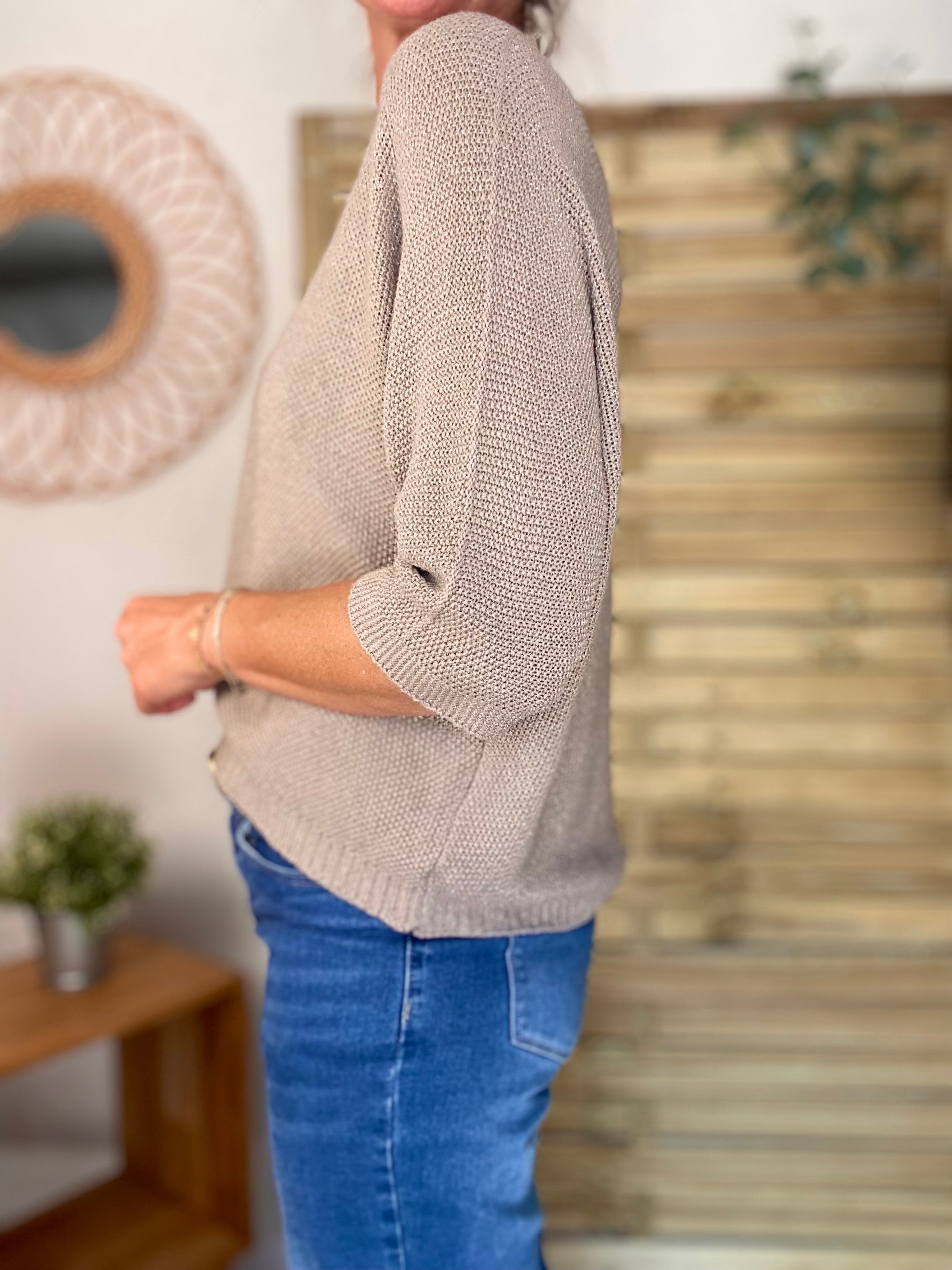 Pull fin col V avec lurex LÉONIE - Taupe