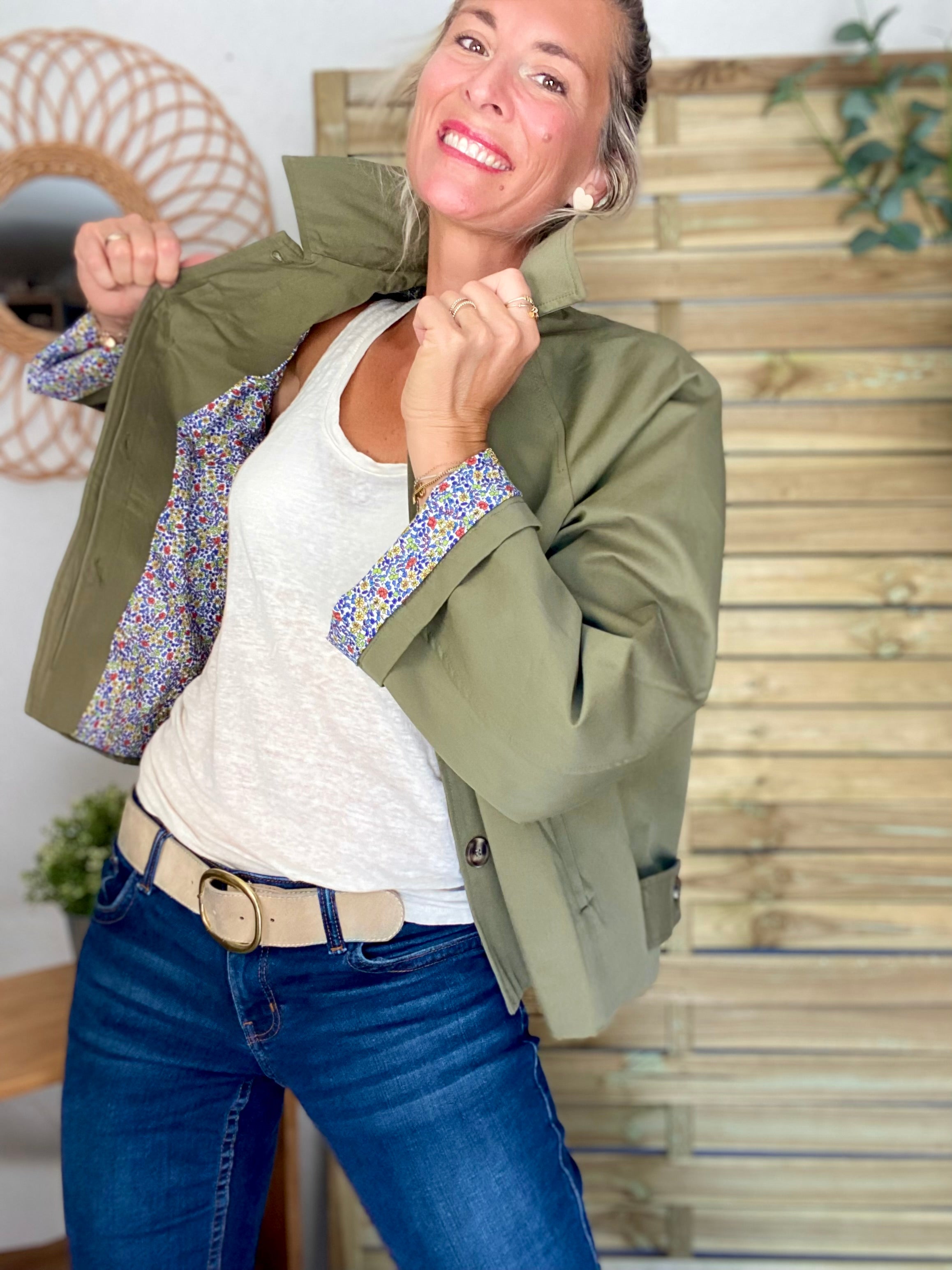Veste Trench en coton kaki avec Liberty - MAHAUT