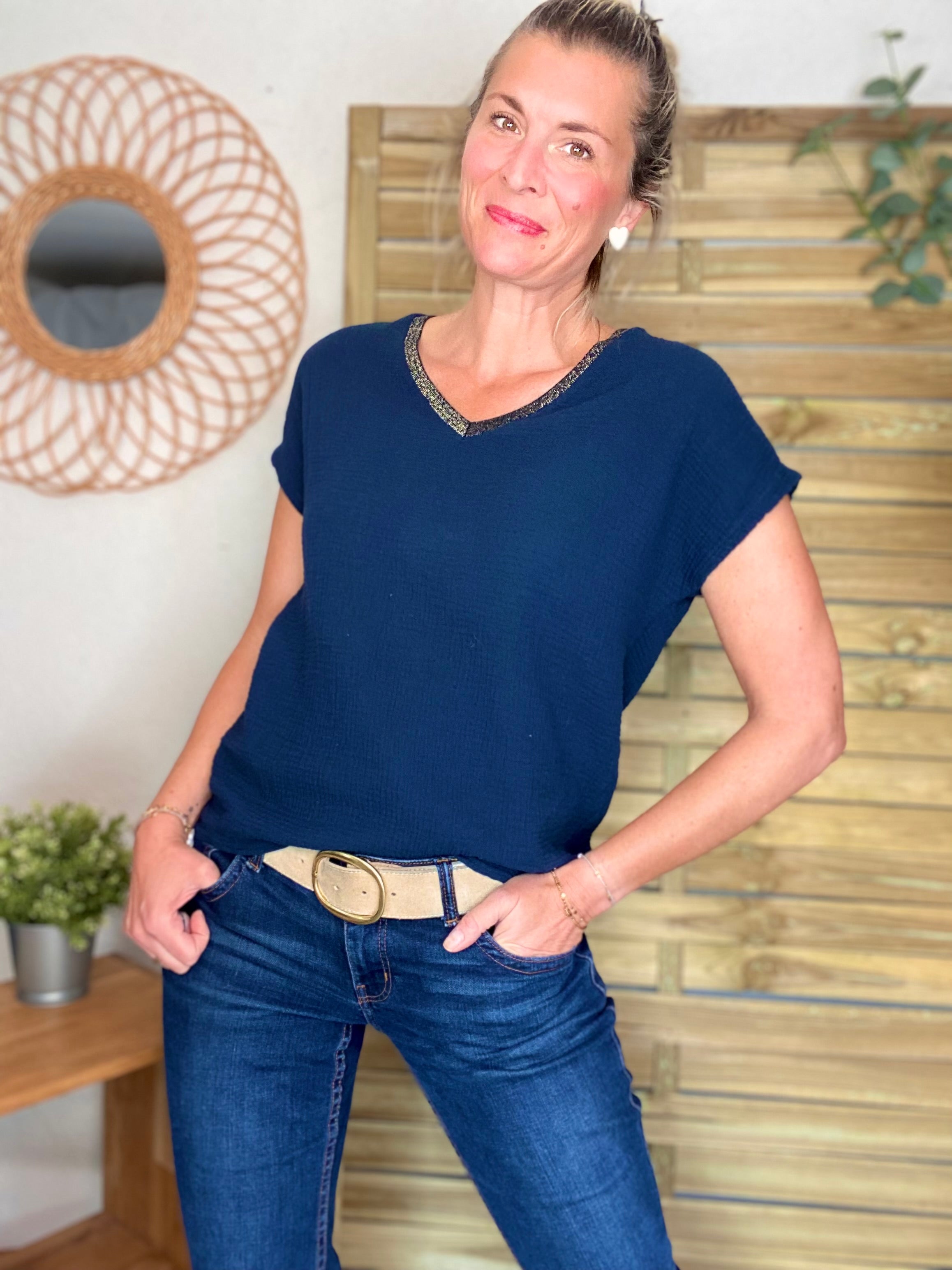Précommande Expédition mi mai - Top en gaze de coton et lurex MARTA - Bleu marine