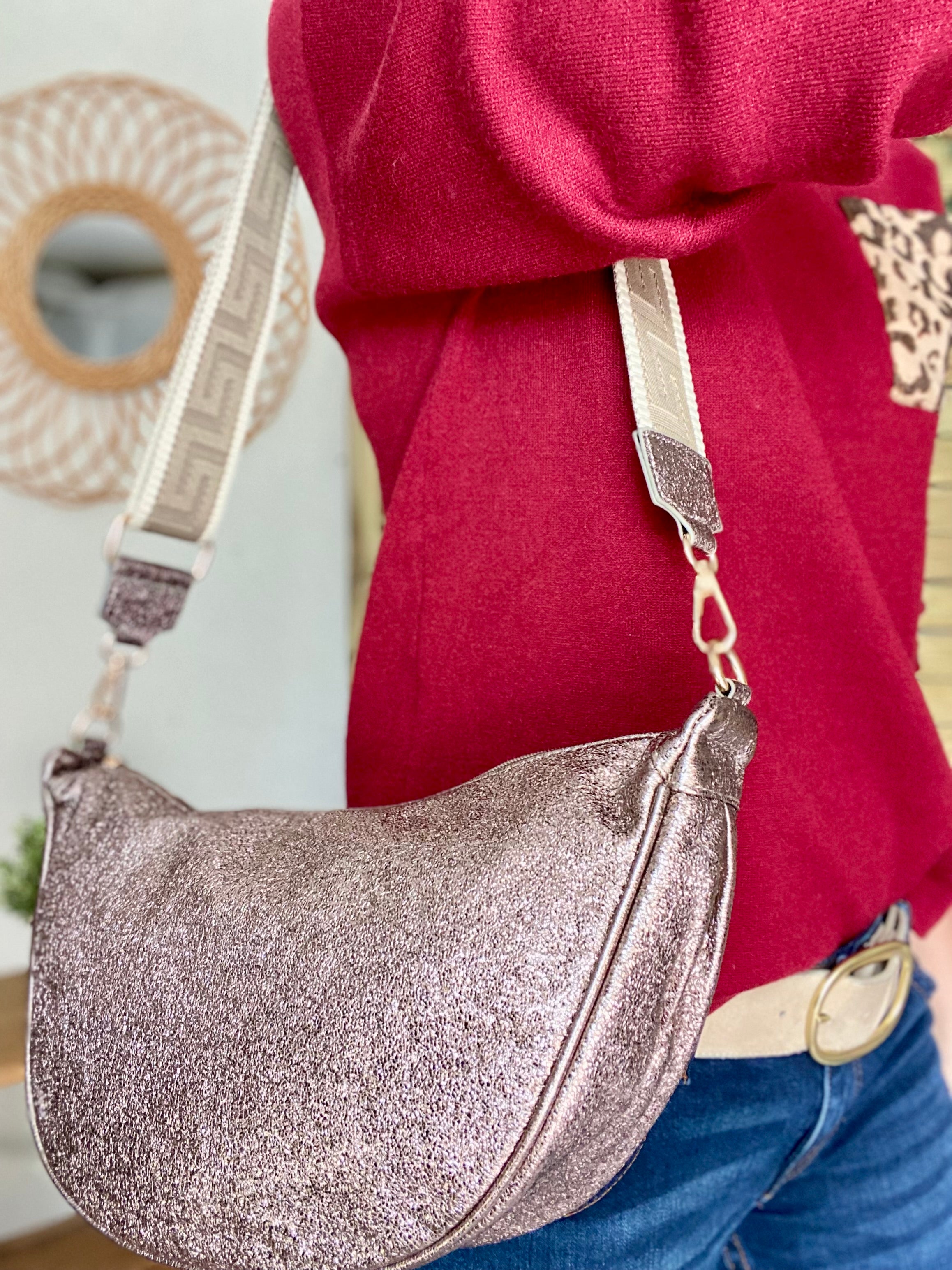 Sac besace demi-lune XL irisé, sangle fantaisie - AMY - Bronze