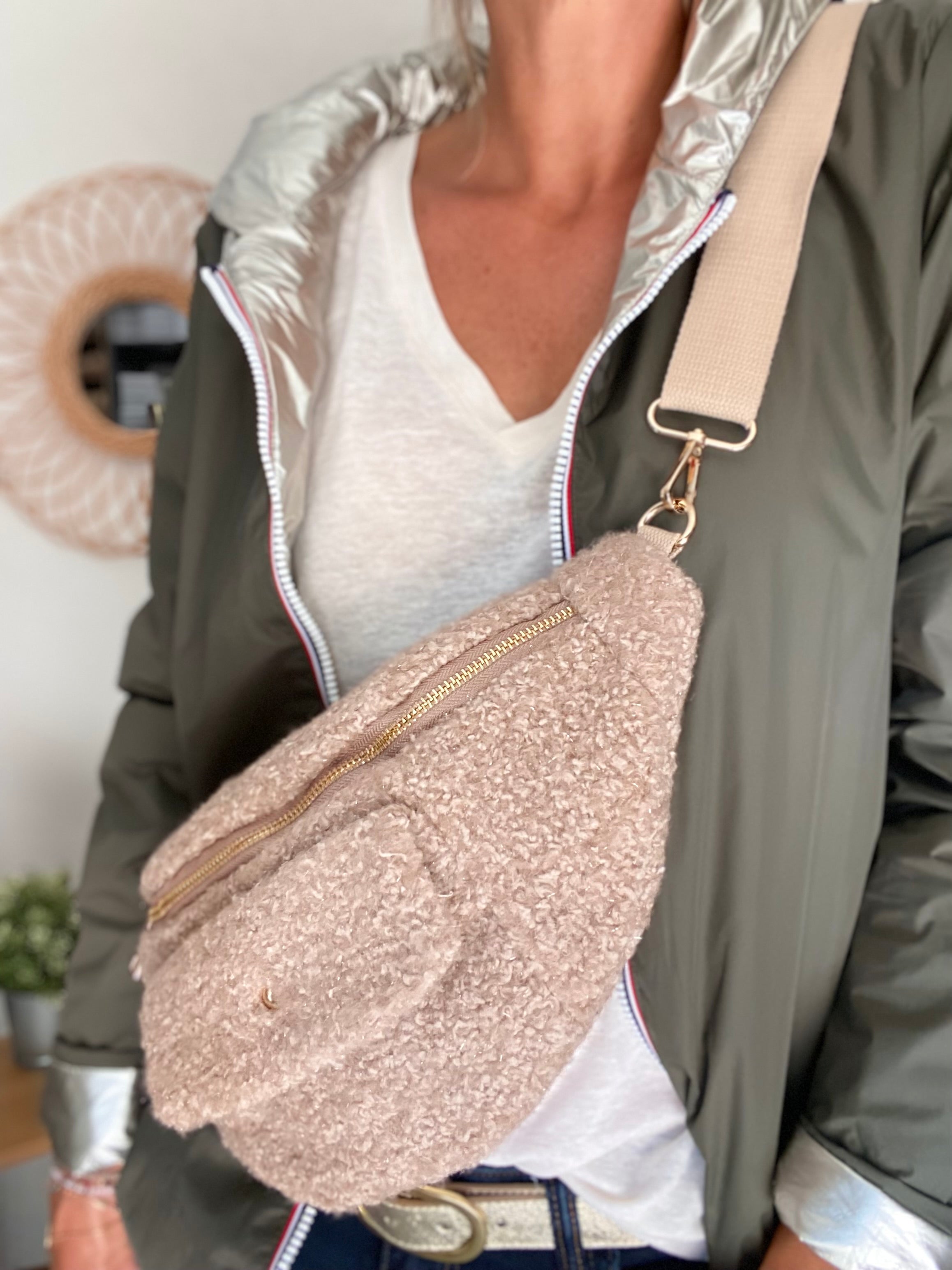 Sac banane XL moumoute lurex avec poche avant - CHELSEA - Beige taupe