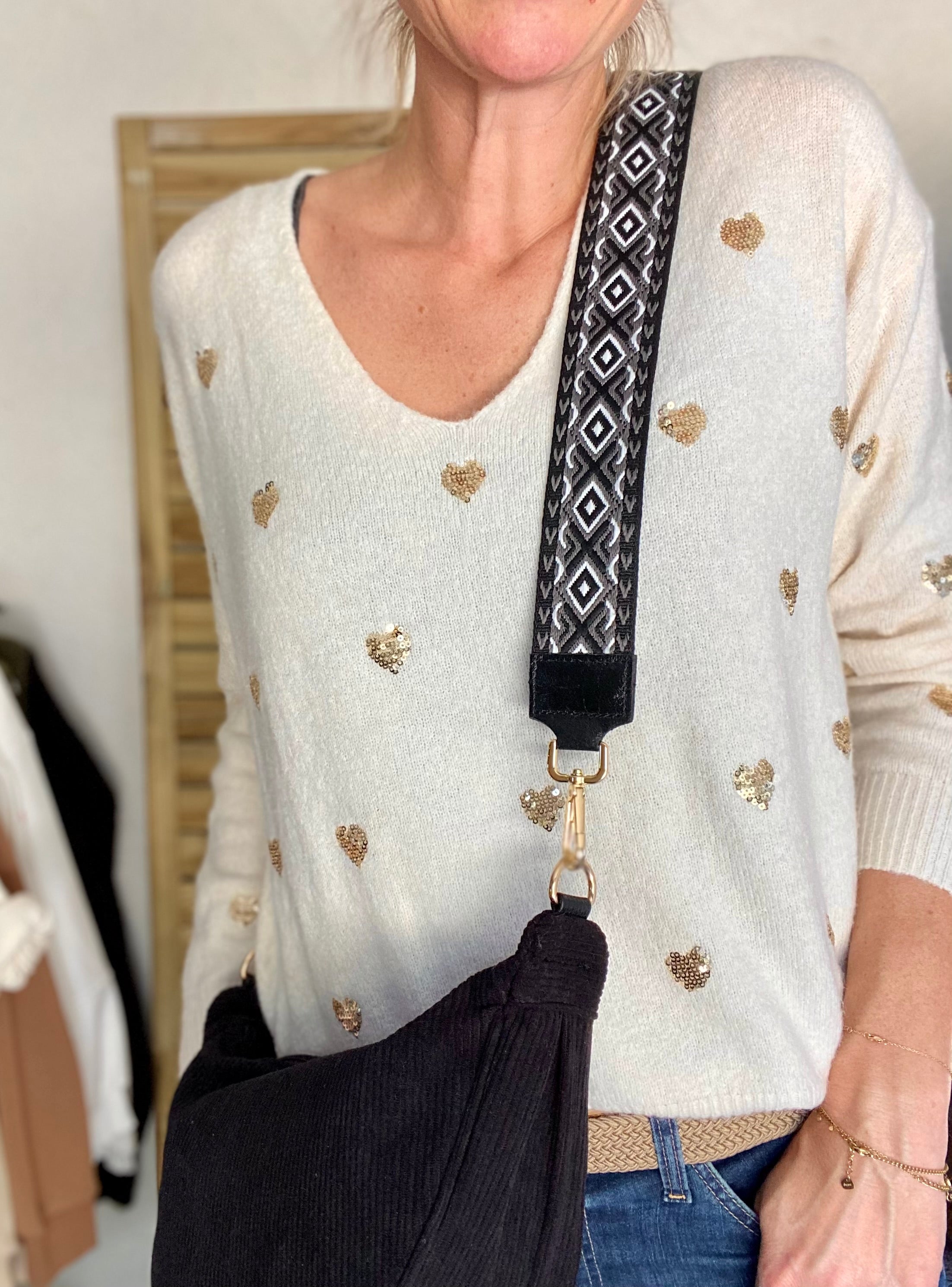 Sac besace demi-lune XL velours côtelé - AMY - Noir