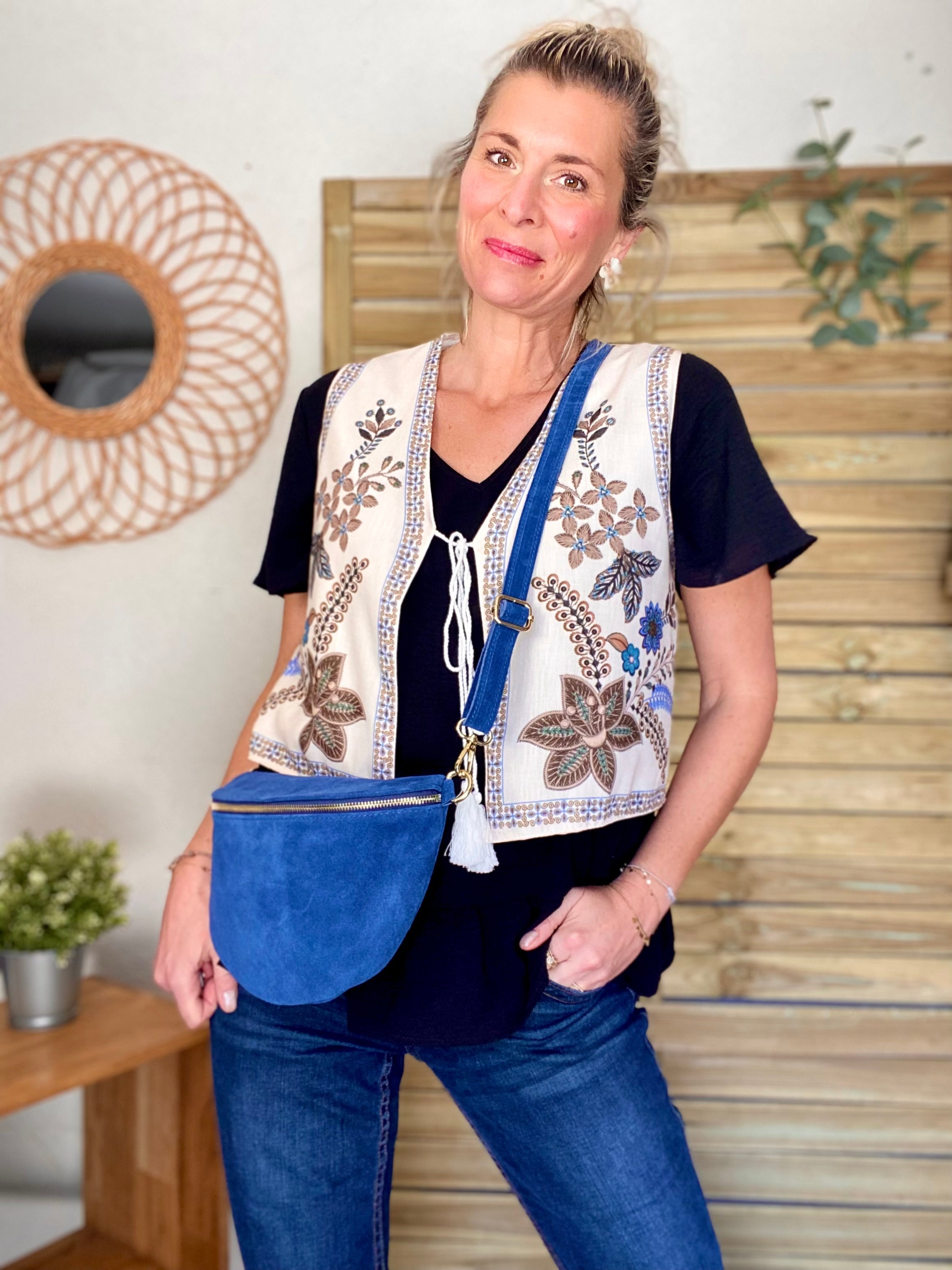 Gilet boléro fleuri Camel bleu MAXINE