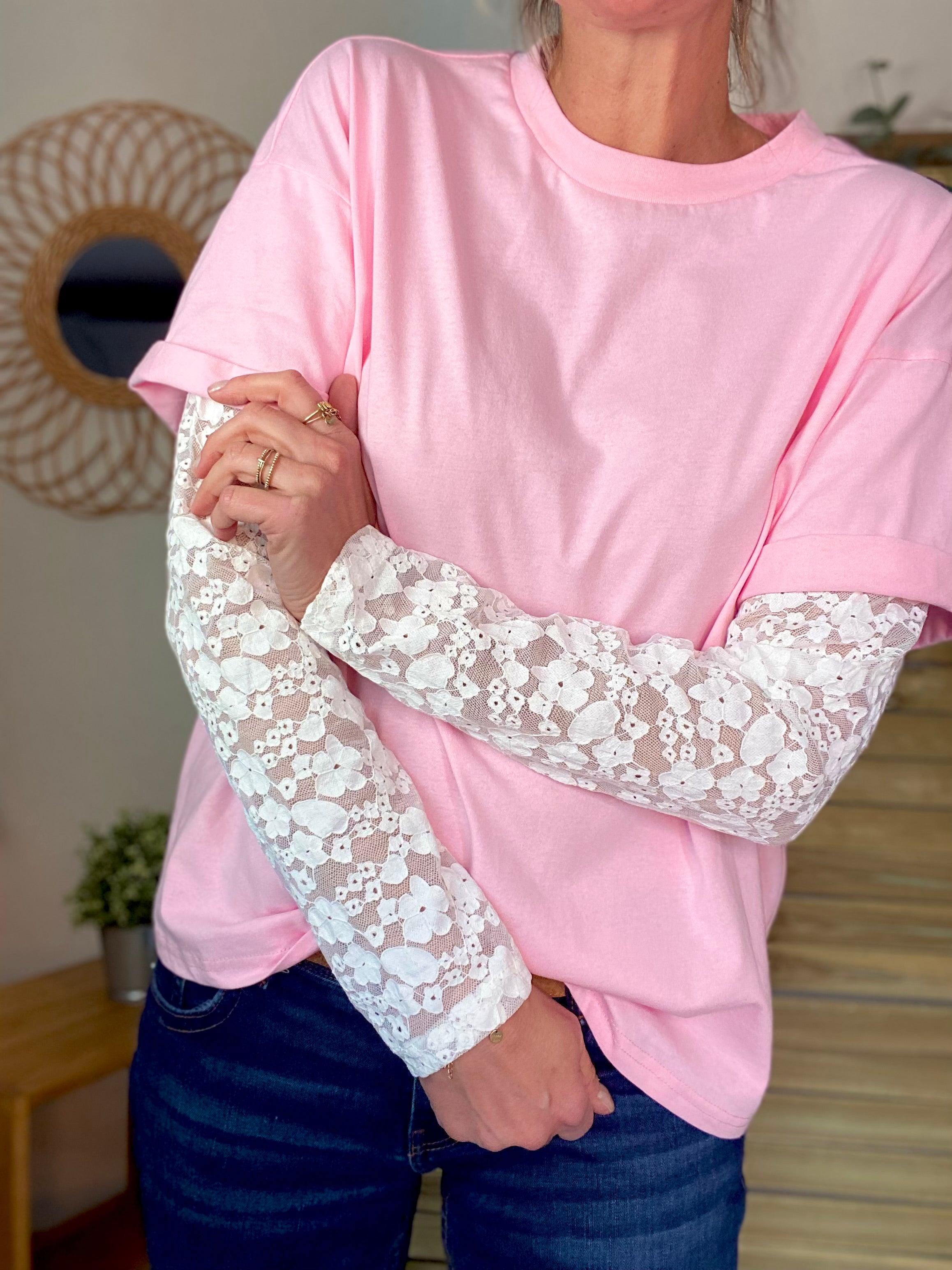 Tee shirt avec manches longues dentelle PAMELA - Rose